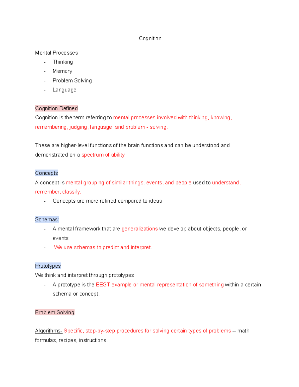 Cognition Notes - Cognition Mental Processes - Thinking - Memory ...