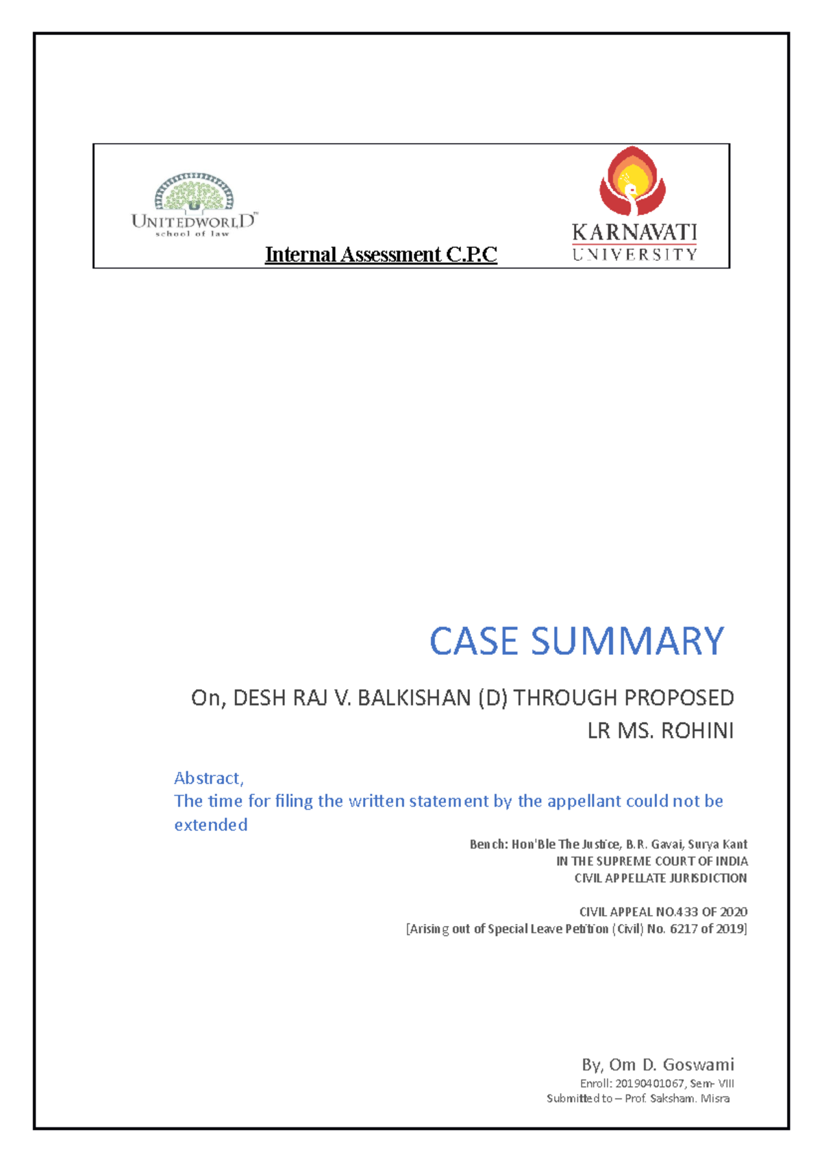 Internal Assessment Cpc - P Abstract, The time for filing the written ...