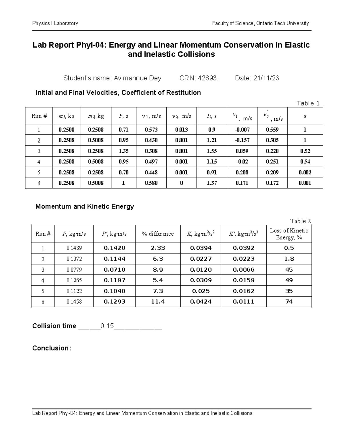 Collisions Report - Physics I Laboratory Faculty of Science, Ontario ...