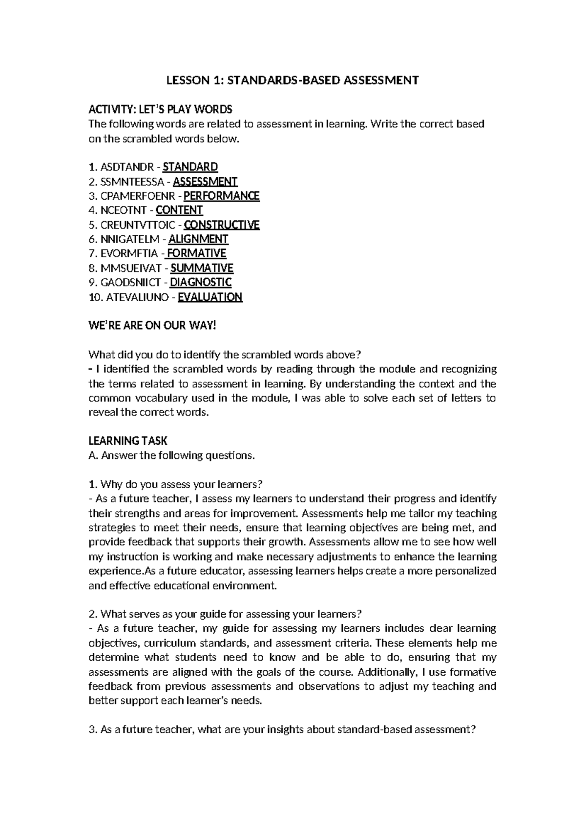 Lesson 1 - Standards-Based Assessment - LESSON 1: STANDARDS-BASED ...