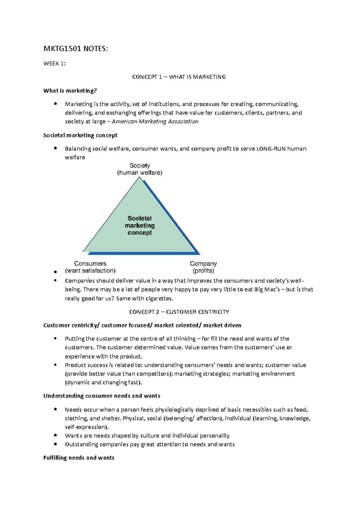 Course notes - MKTG1501 NOTES: WEEK 1: CONCEPT 1 – WHAT IS MARKETING ...