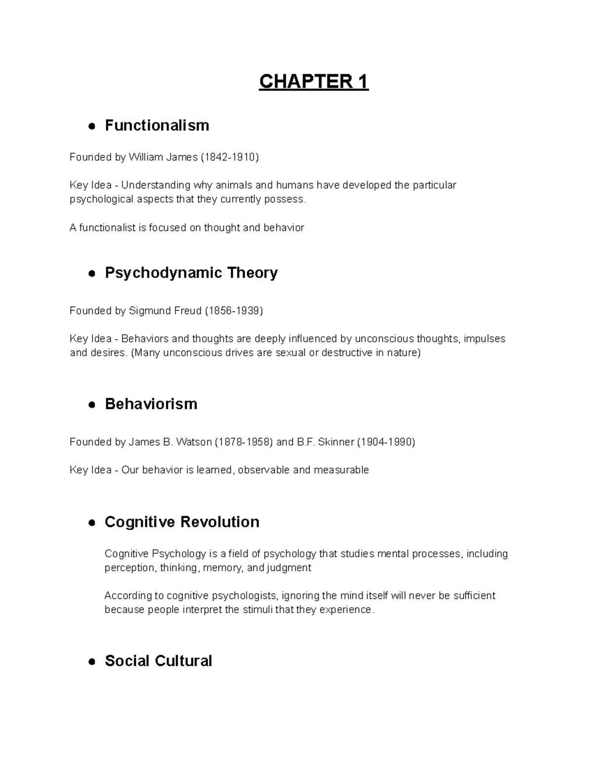 Intro to Psych Notes - CHAPTER 1 Functionalism Founded by William James ...