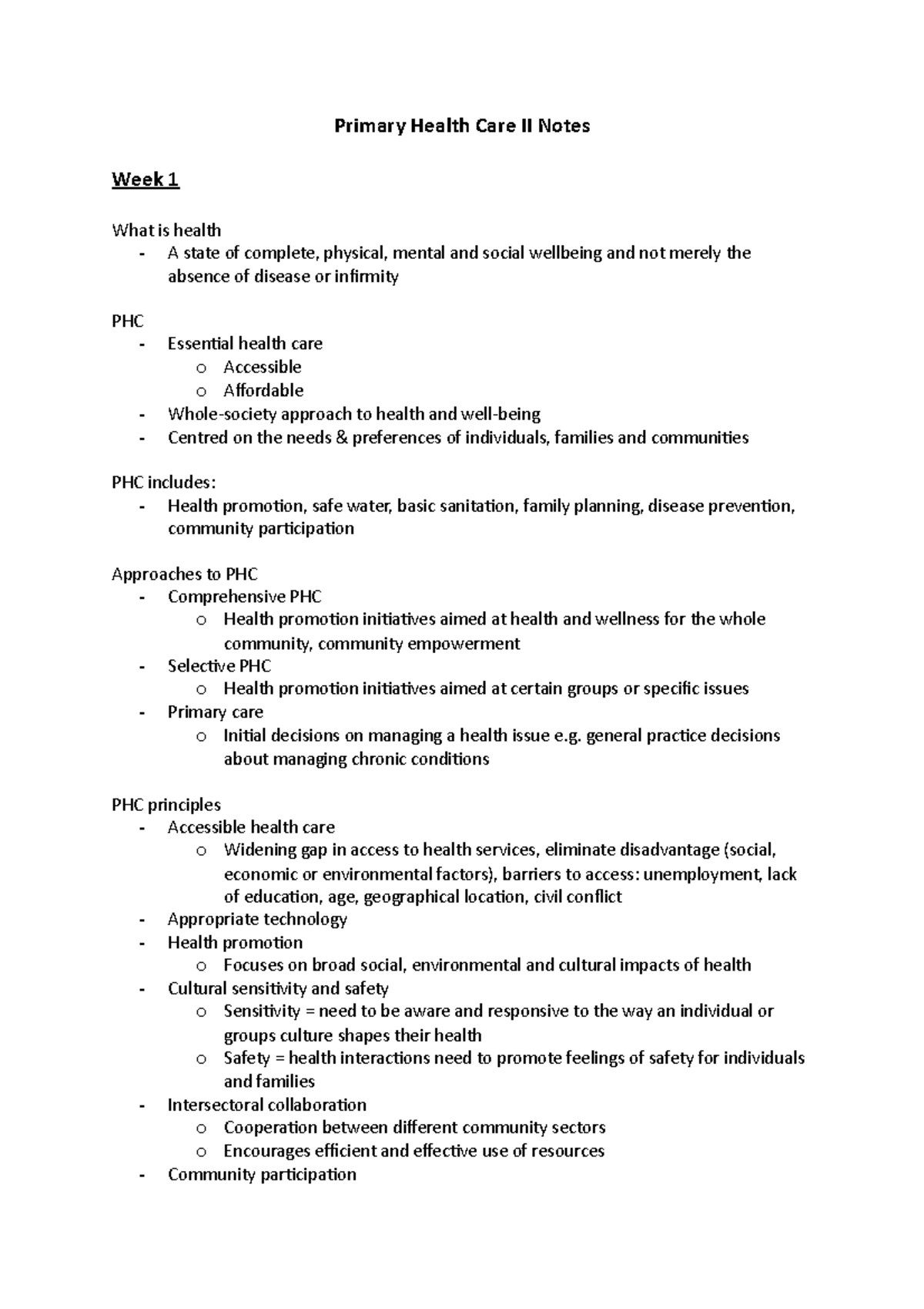 Notes - Primary Health Care II Notes Week 1 What is health - A state of ...