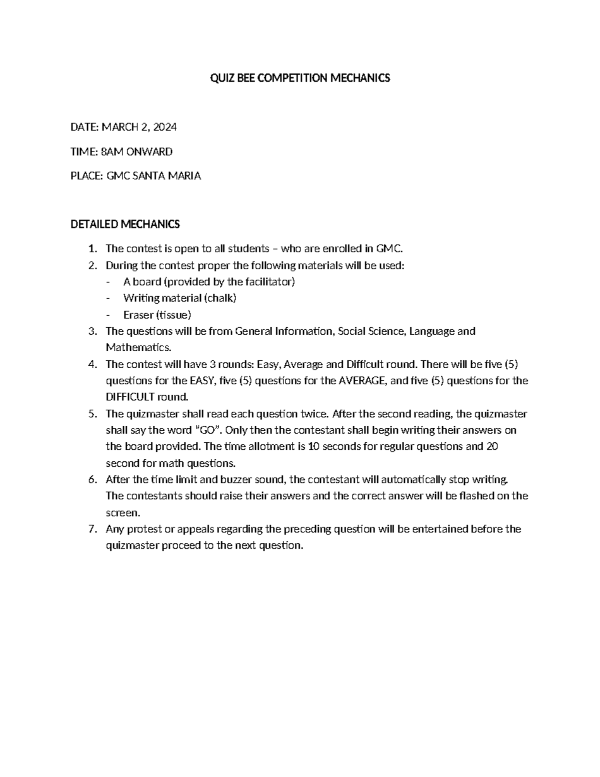 QUIZ BEE Competition Mechanics - QUIZ BEE COMPETITION MECHANICS DATE ...