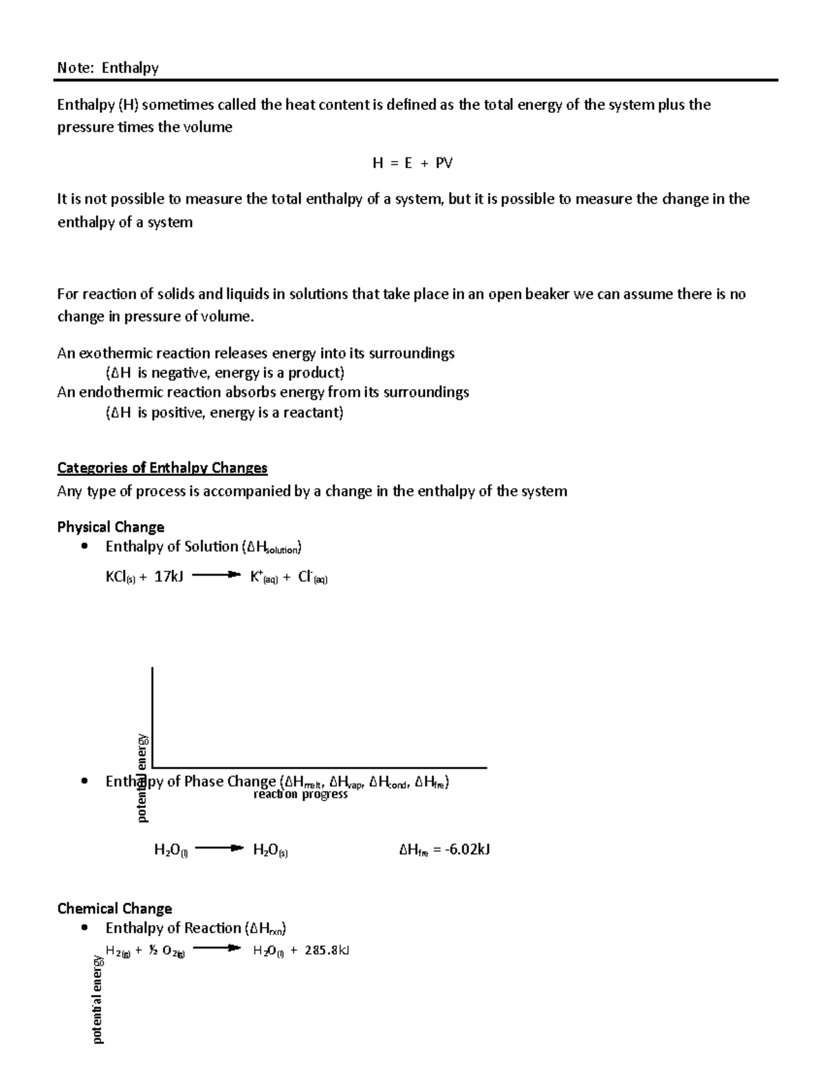 Note - enthalpy - n/a - Note: Enthalpy Enthalpy (H) sometimes called ...