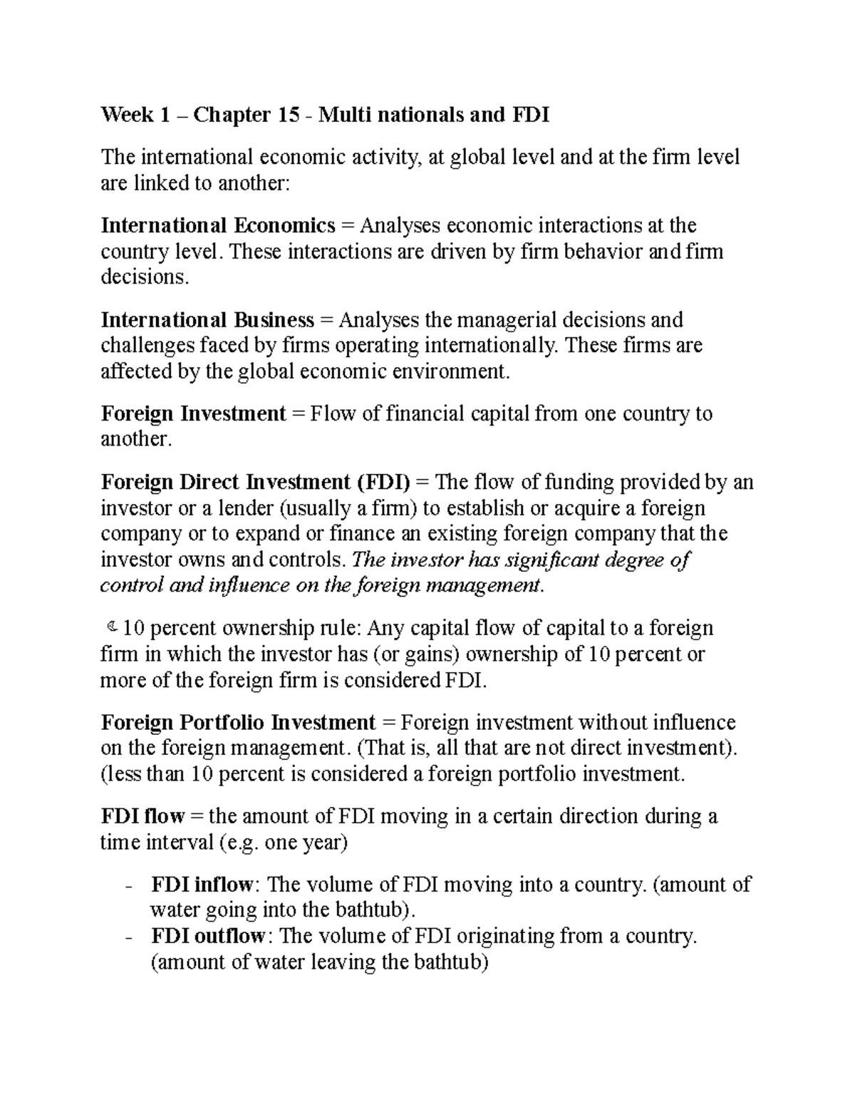 FDI Final Exam Summary - Week 1 – Chapter 15 - Multi Nationals And FDI ...