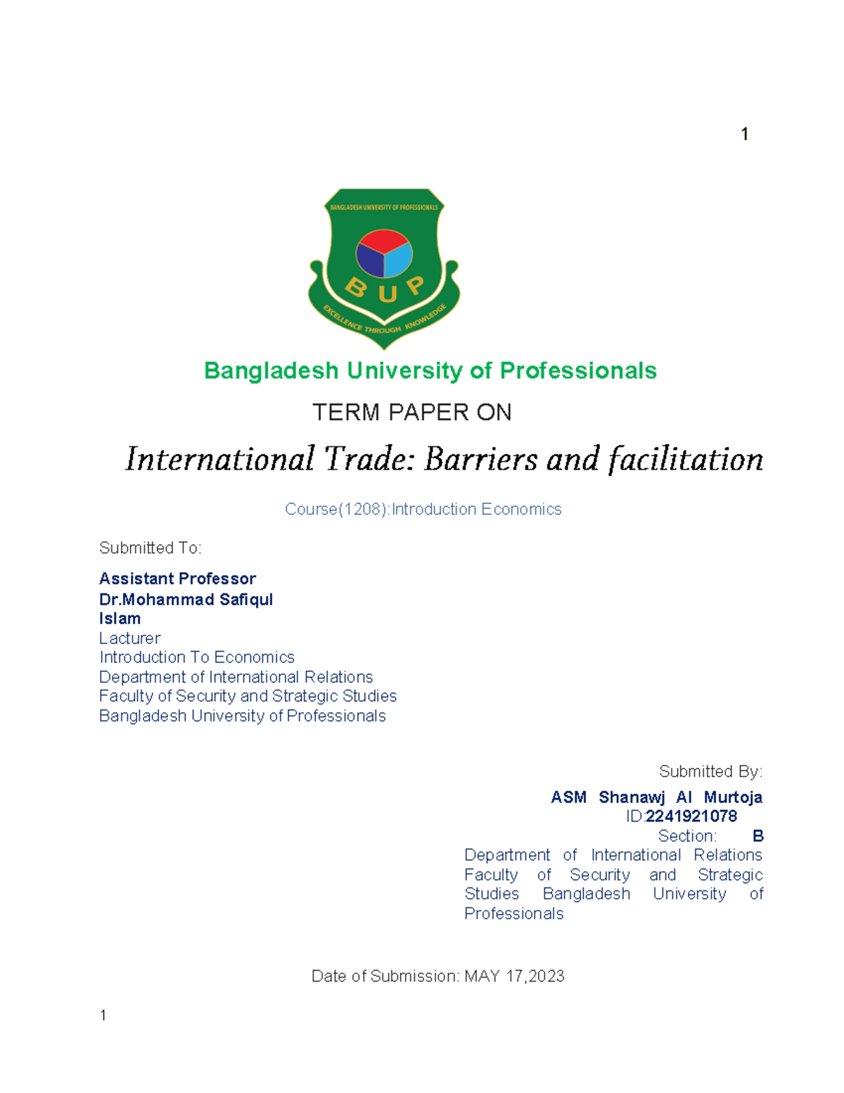 2241921078 TERM Paper on International Trade Barrie - 1 Bangladesh ...