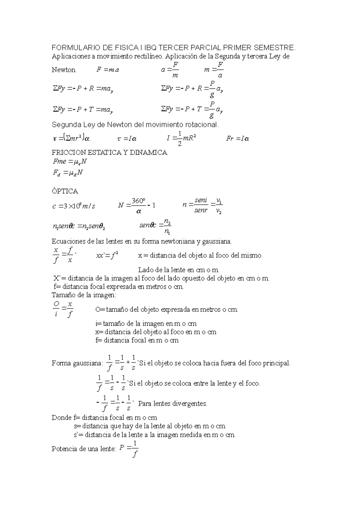 R66575 - formulas - FORMULARIO DE FISICA I IBQ TERCER PARCIAL PRIMER ...