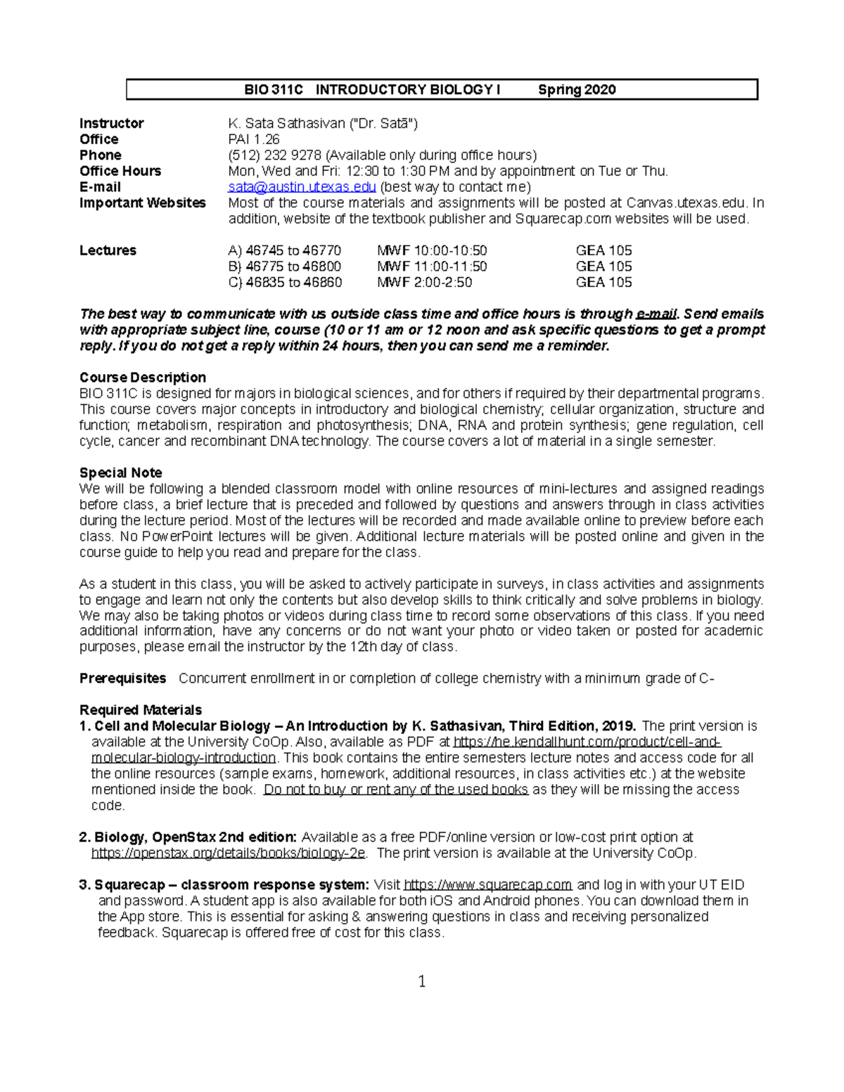 Bio311c-ksathasivan-syllabus-v1-spring 2020 - Bio 311c Introductory 