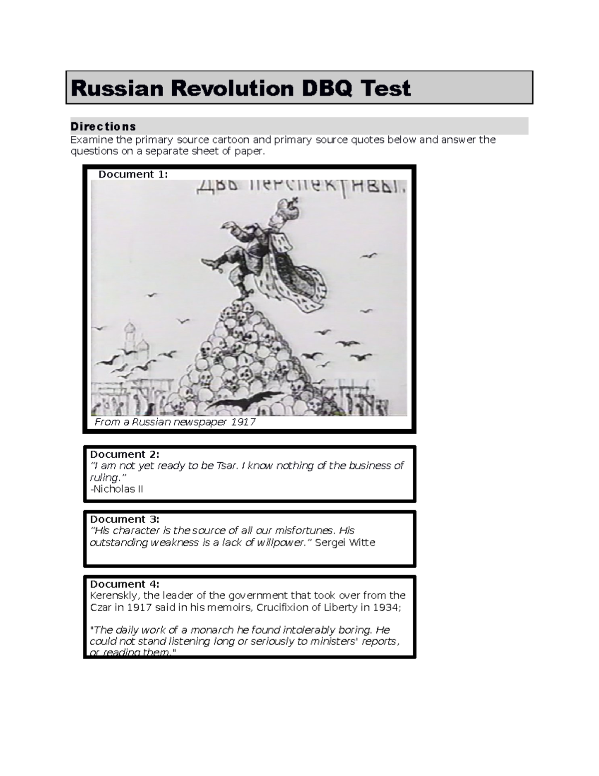 Russian revolution dbq - Russian Revolution DBQ Test Directions Examine 