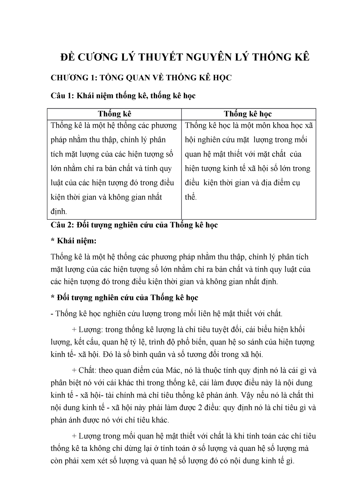 ĐỀ CƯƠNG LÝ THUYẾT Nguyên LÝ THỐNG KÊ - ĐỀ CƯƠNG LÝ THUYẾT NGUYÊN LÝ THỐNG KÊ CHƯƠNG 1: TỔNG QUAN VỀ - Studocu