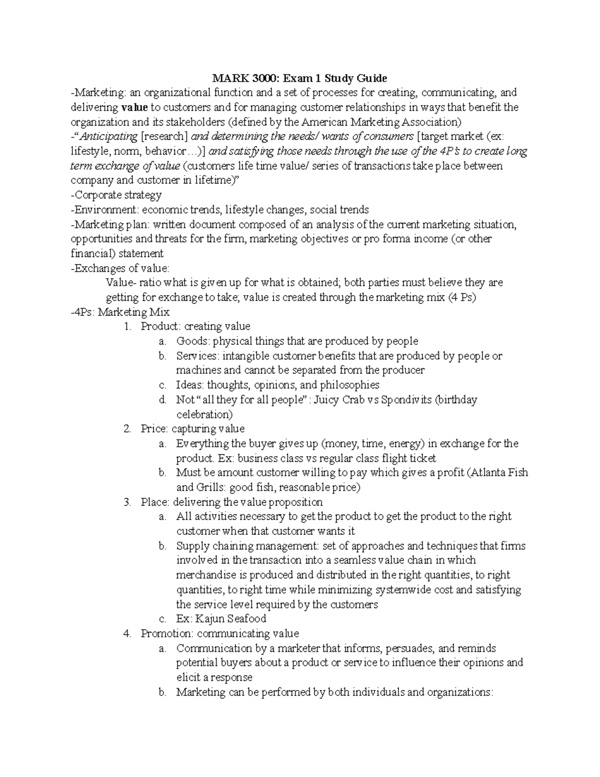 Chapter 1 Note - MARK 3000: Exam 1 Study Guide -Marketing: an ...