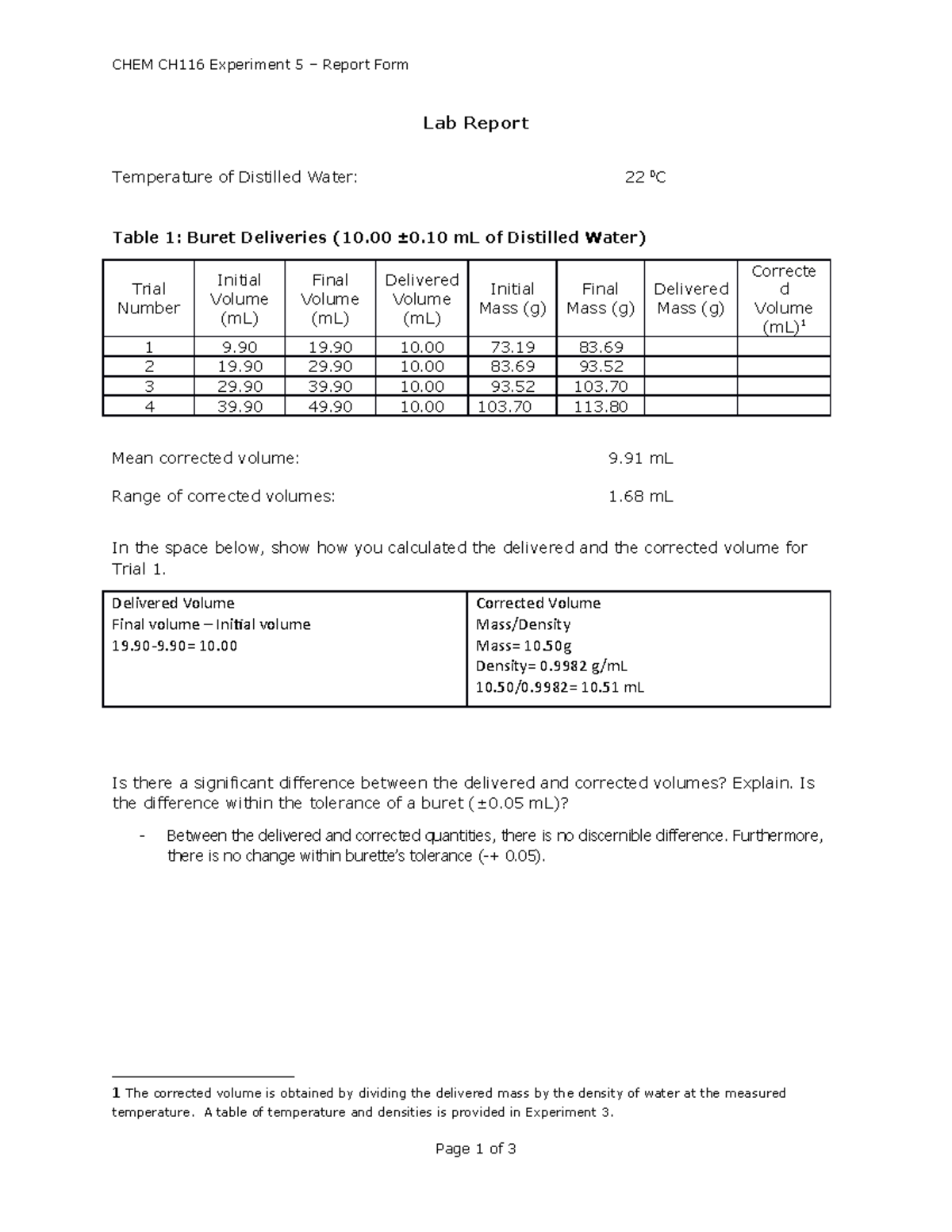 Experiment 5 Chemistry Lab Report CHEM CH116 Experiment 5 Report