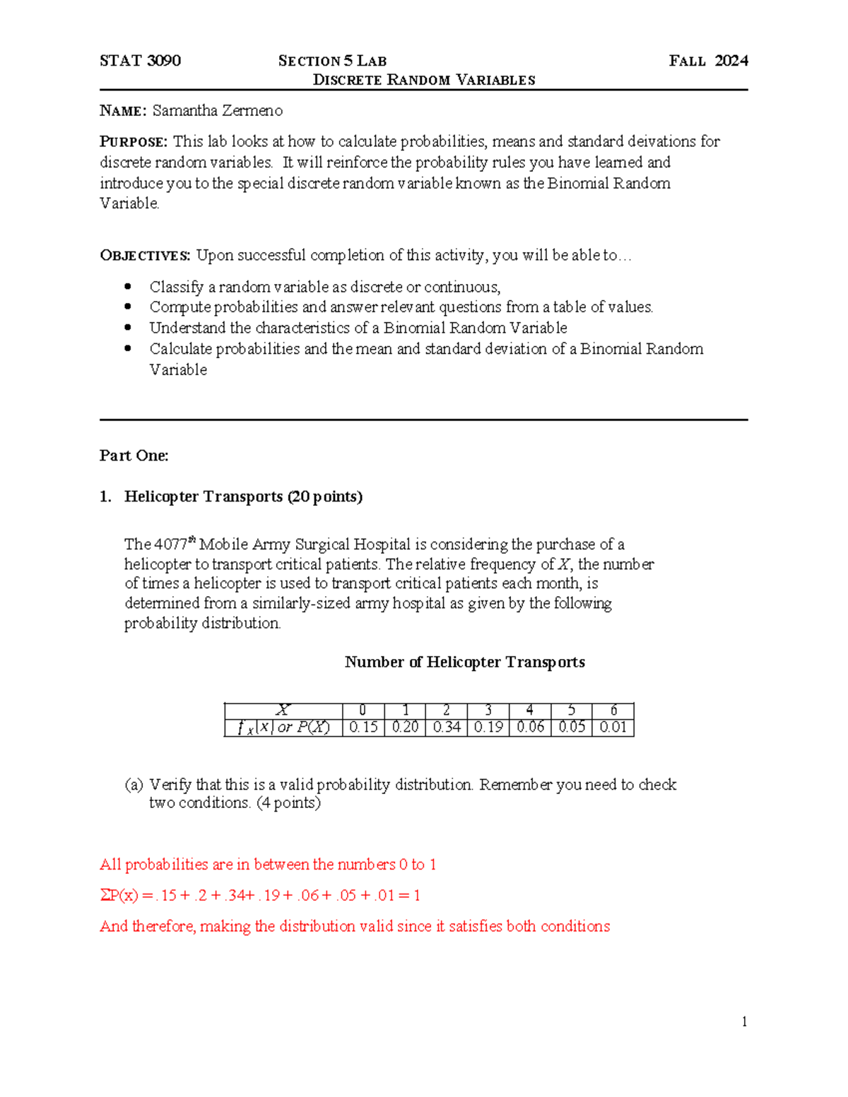 Section 5 Lab - This is a documented lab - DISCRETE RANDOM VARIABLES ...