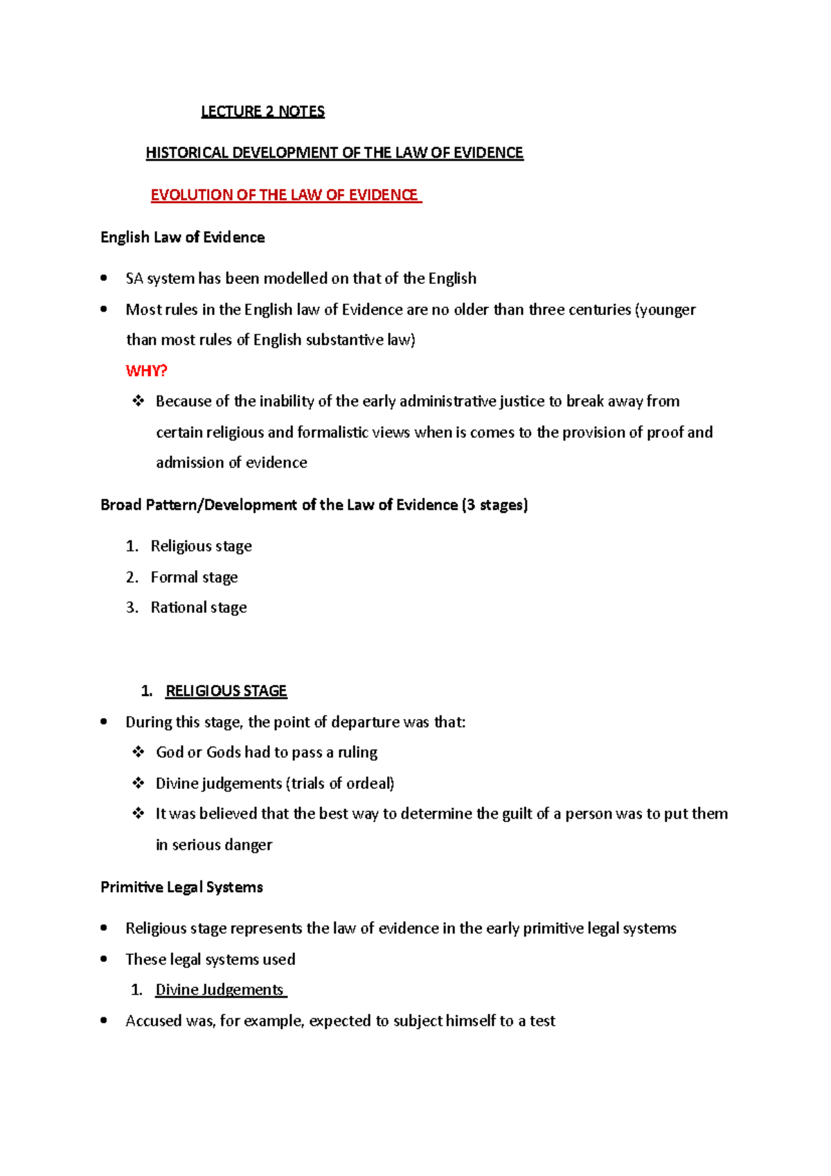 Lecture 2 Notes - LECTURE 2 NOTES HISTORICAL DEVELOPMENT OF THE LAW OF ...