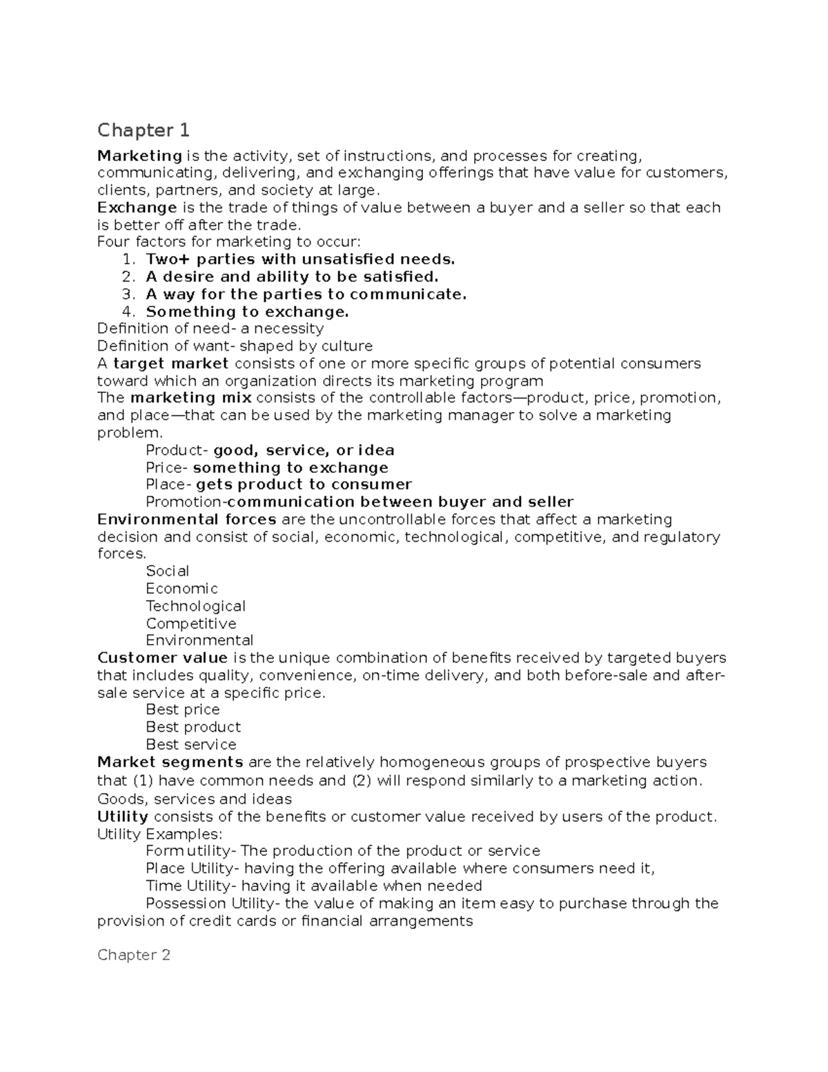 Marketing study guide for Midterm Exam - Chapter 1 Marketing is the ...