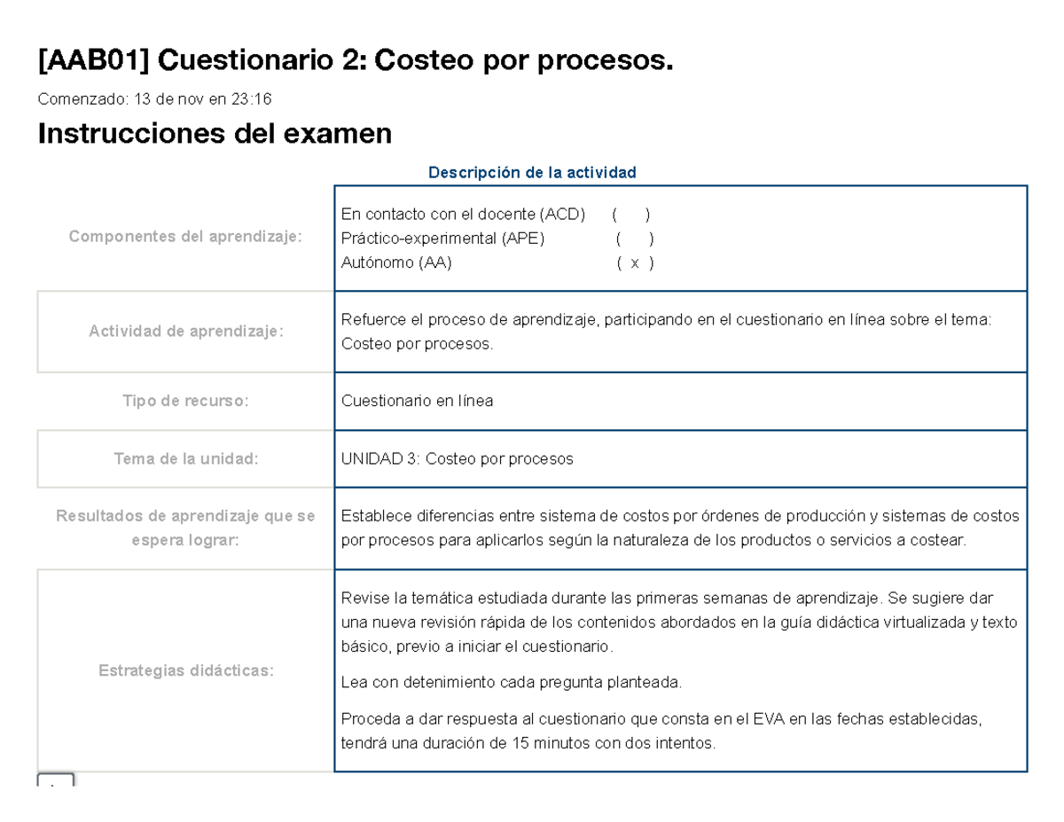 Examen [AAB01] Cuestionario 2 Costeo Por Procesos - Comenzado: 13 De ...