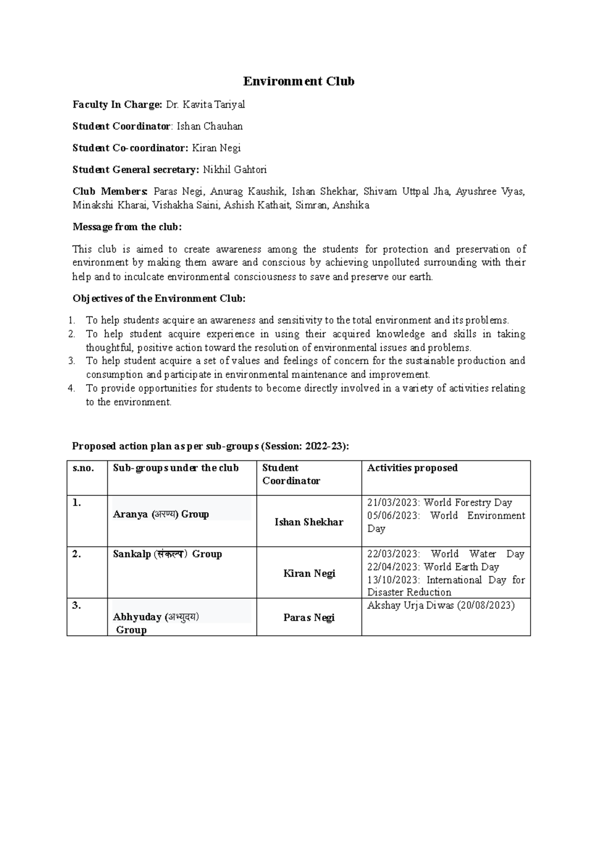 Environment Club Activity Semester II 2022 23 - Environment Club ...
