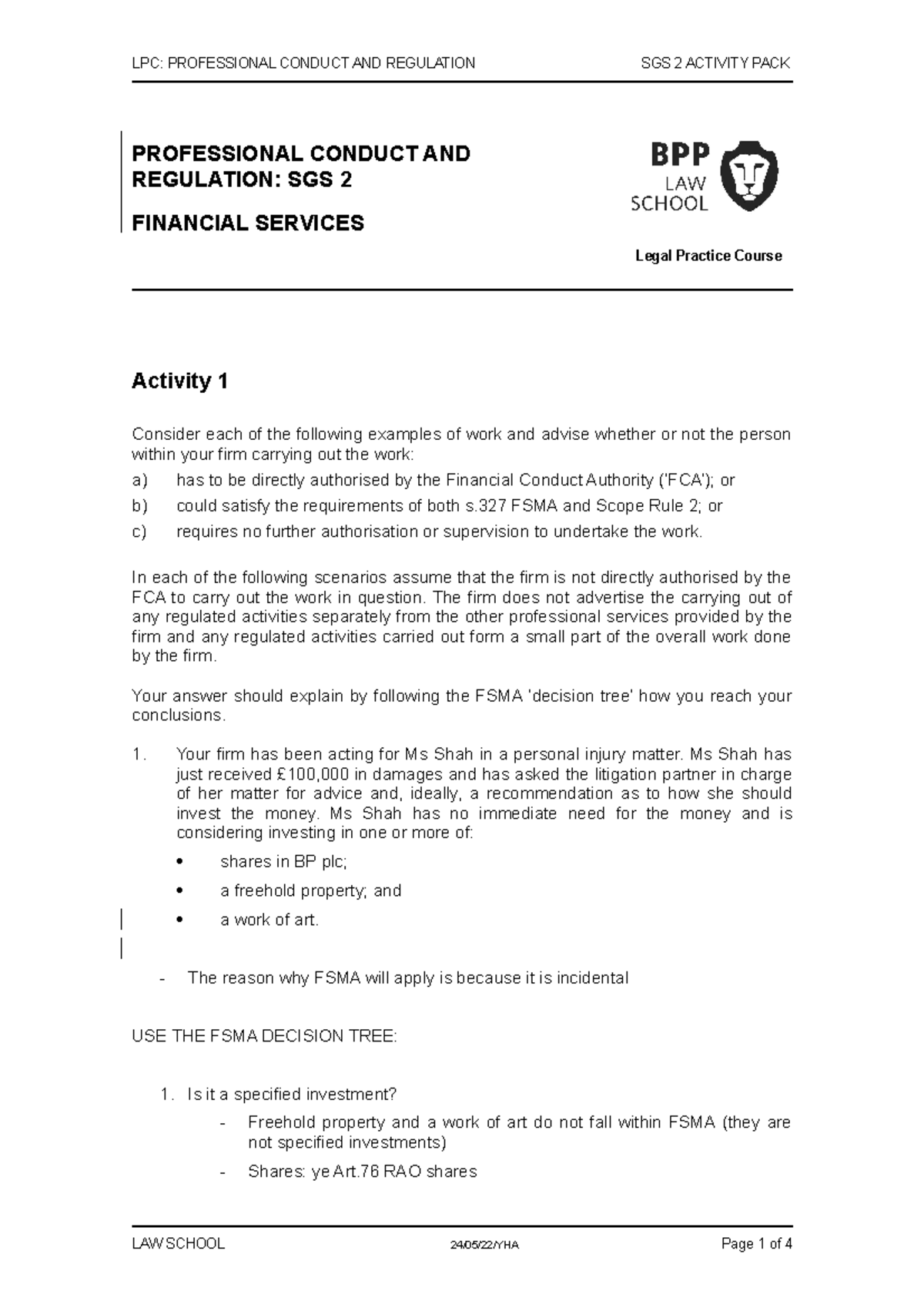 PCR SGS 2 Activity Pack 2223 - LPC: PROFESSIONAL CONDUCT AND REGULATION ...