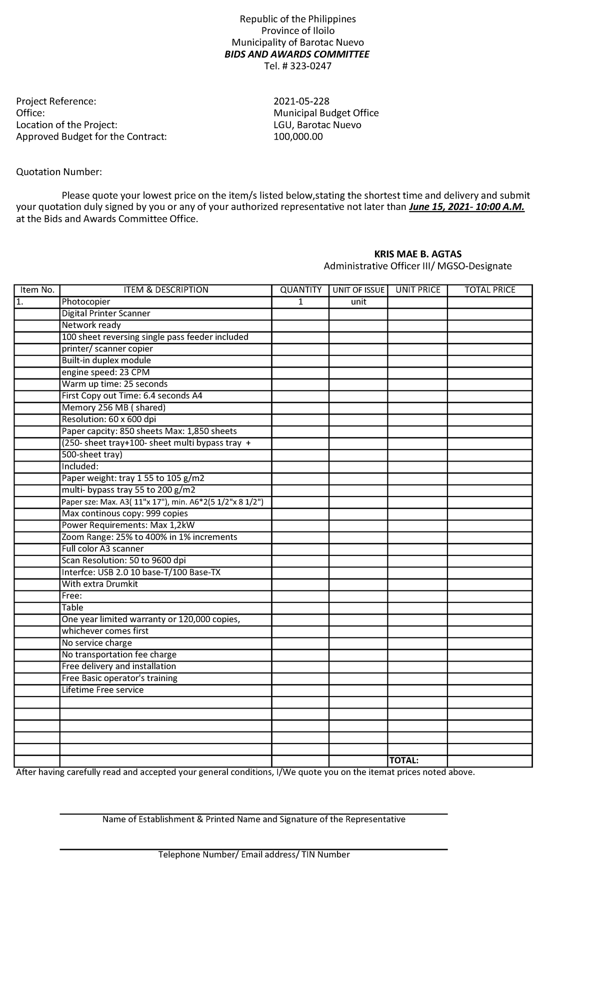 Purchase of office equipment2 Project Reference 202105 Office
