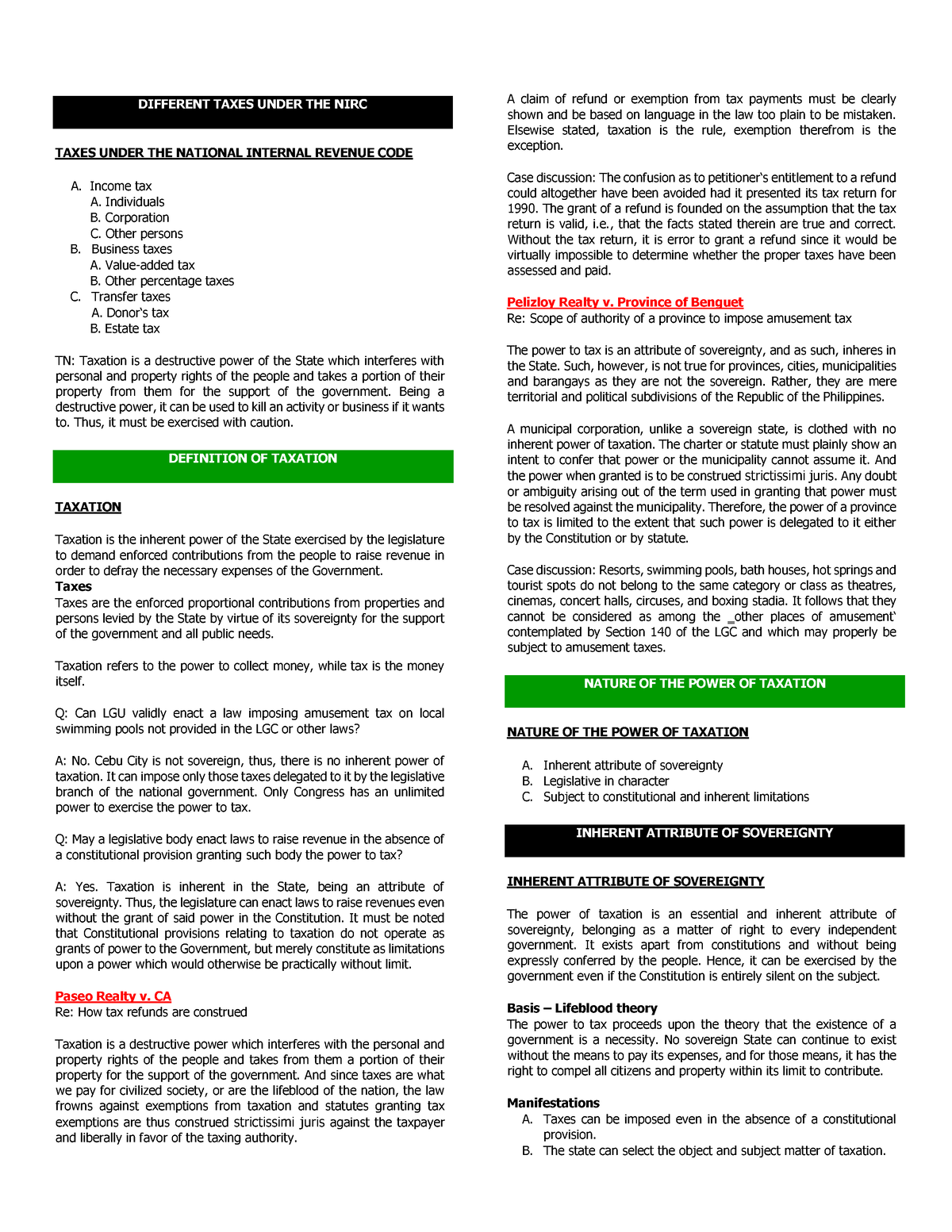 Taxation Notes (Nantional Internal Revenue Code) - DIFFERENT TAXES ...