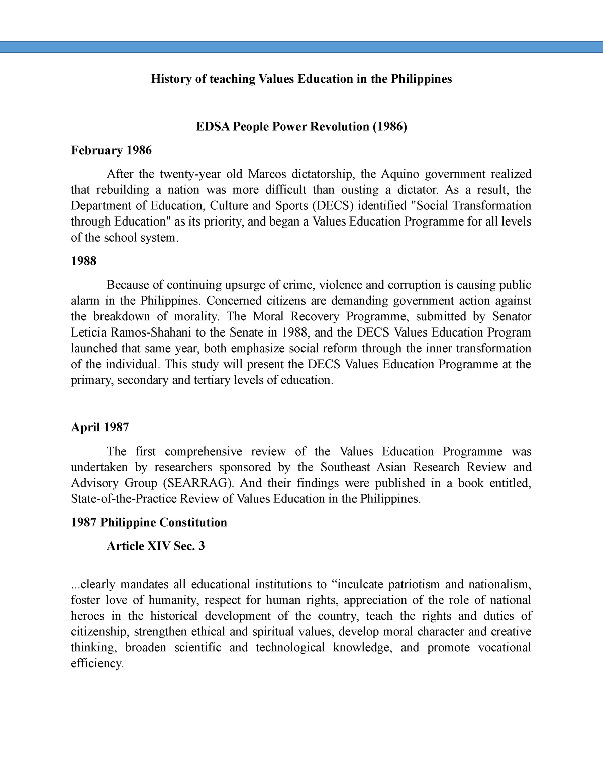 research study about values education in the philippines pdf