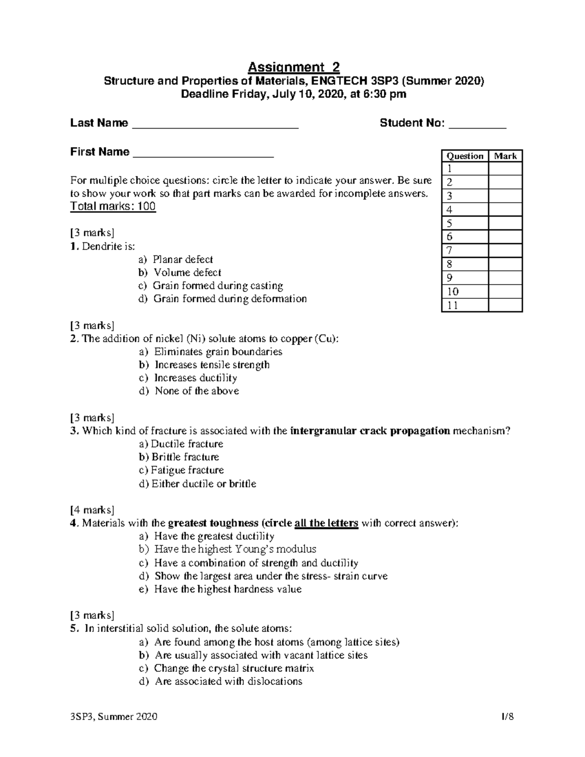 Assignmnet 2, Summer 2020 - Assignment 2 Structure and Properties of ...