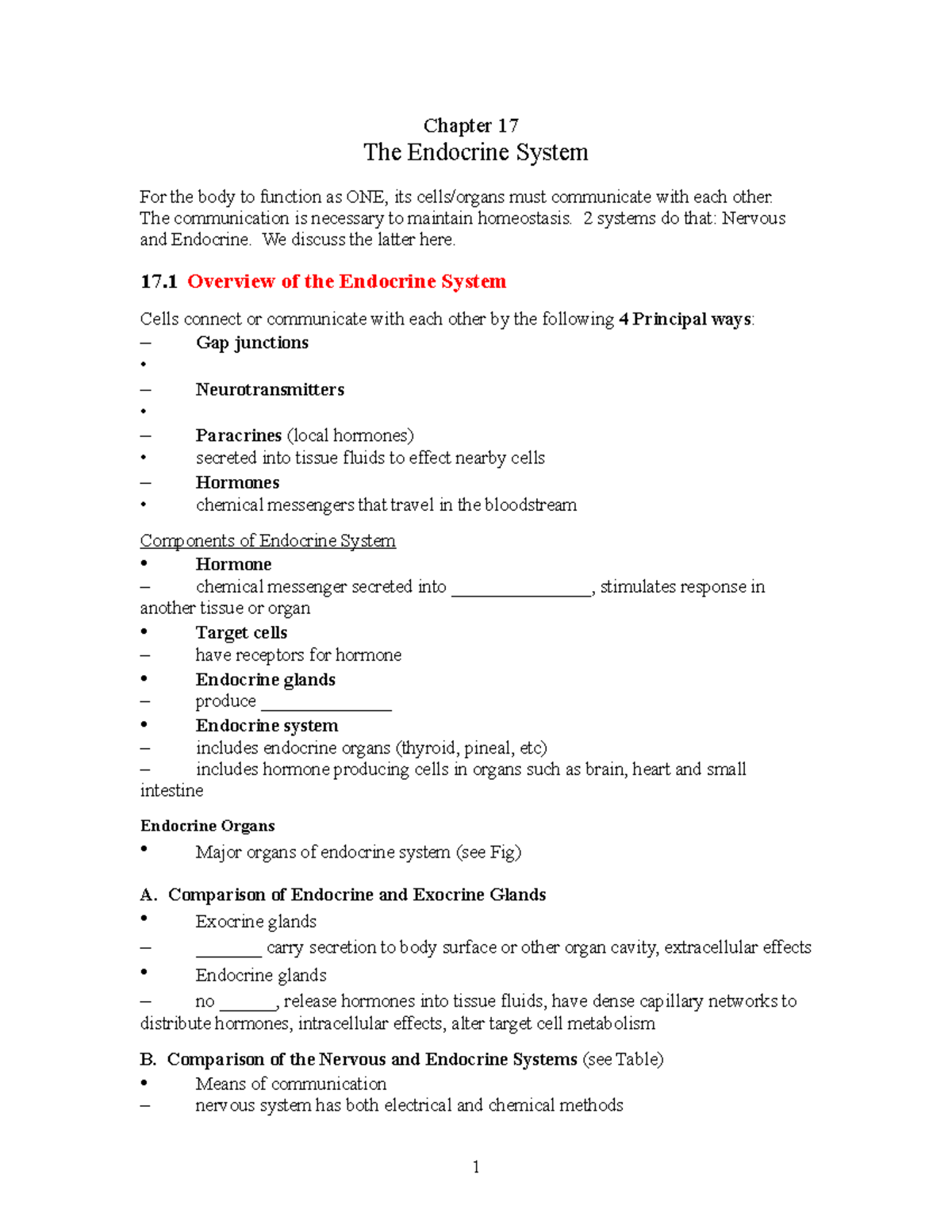 Chapter 17 Handout - Chapter 17 The Endocrine System For The Body To ...