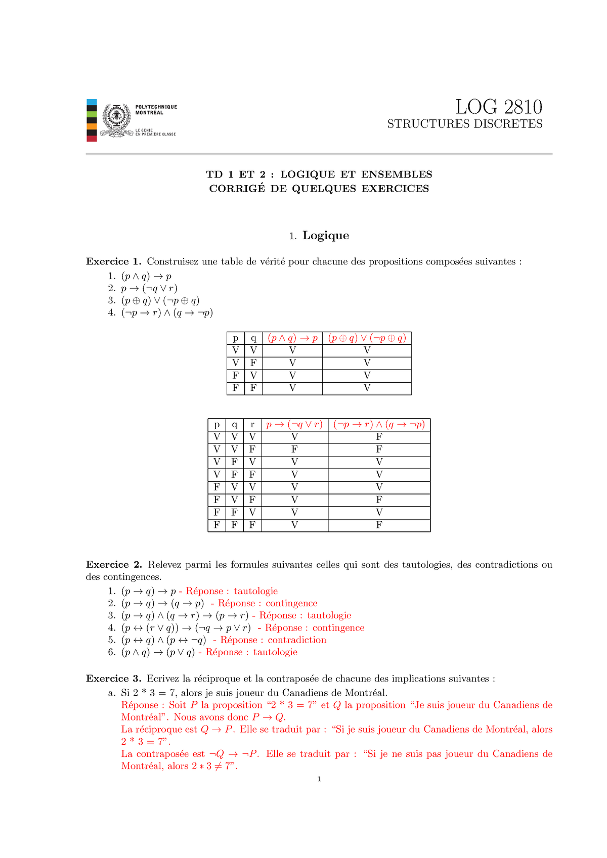 TD1Log2810 Corrige - LOG 2810 STRUCTURES DISCRETES TD 1 ET 2 : LOGIQUE ...