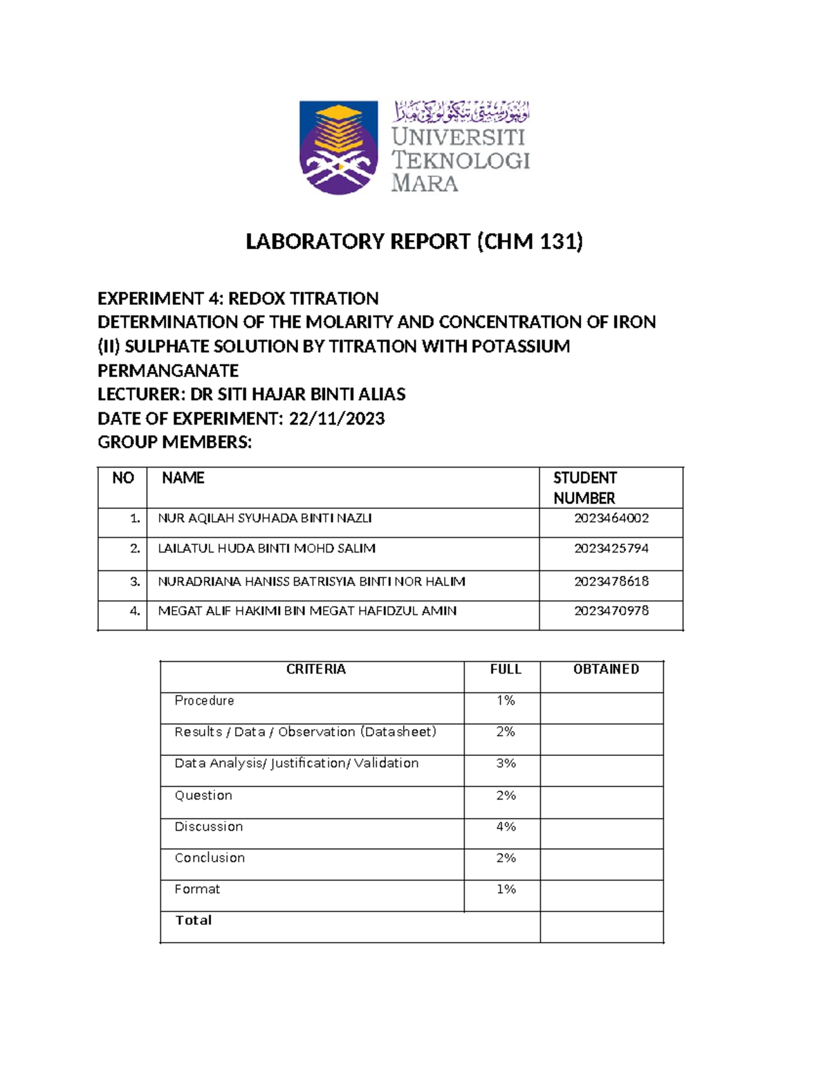 CHM131 LAB Report 4 Redox Titration LABORATORY REPORT (CHM 131