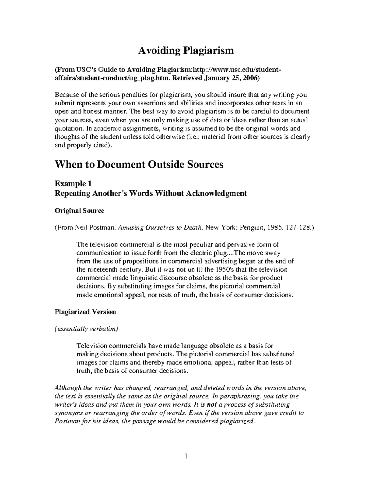 USC Avoiding Plagiarism - Avoiding Plagiarism (From USC’s Guide to ...