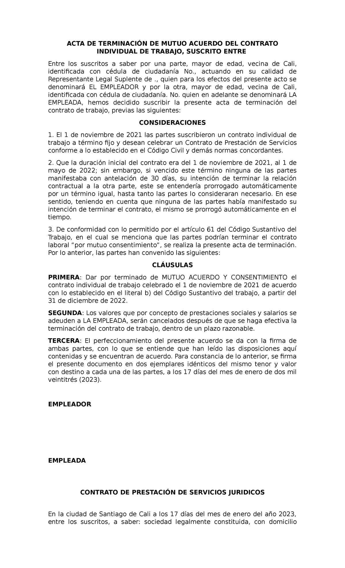 Acta De Terminación De Mutuo Acuerdo Del Contrato Individual De Trabajo