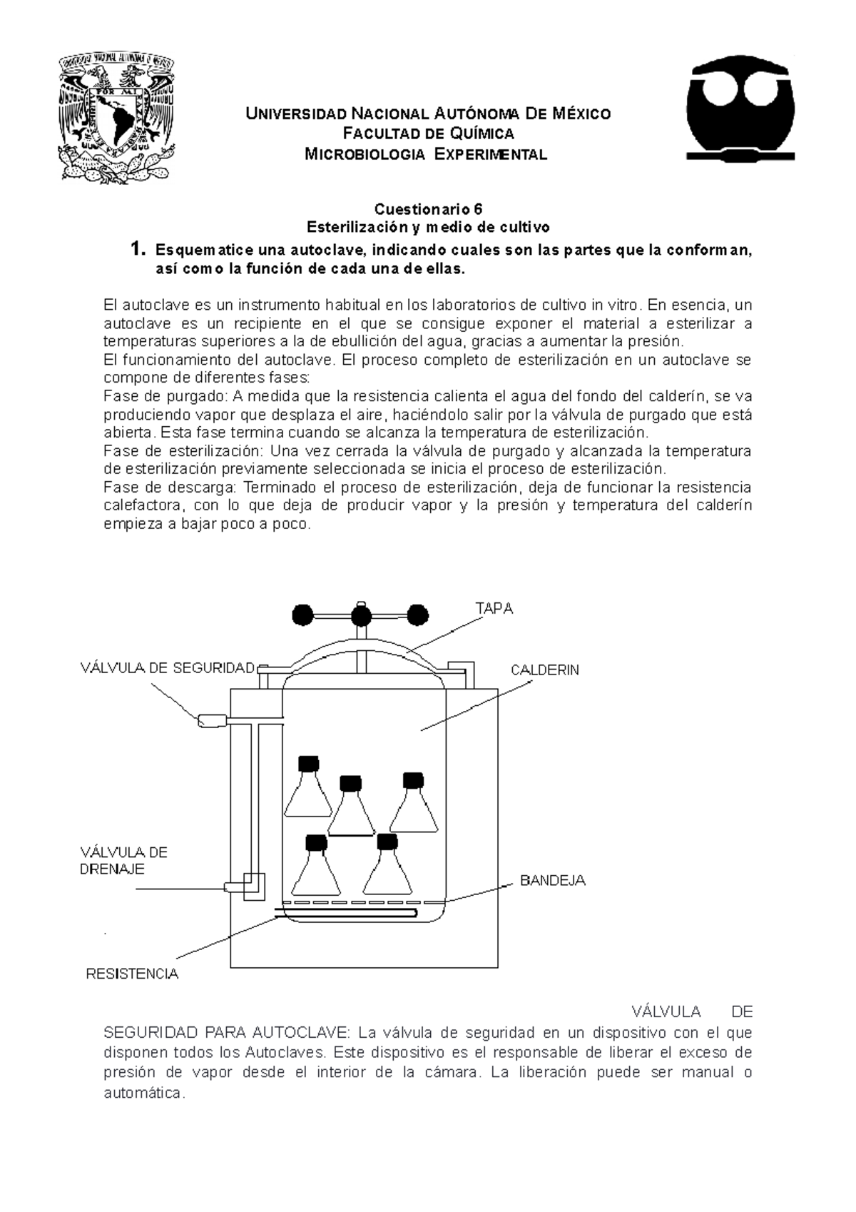 Cuestionario 6 Equipo 4 Esterilización Y Medio De Cultivo - UNIVERSIDAD ...