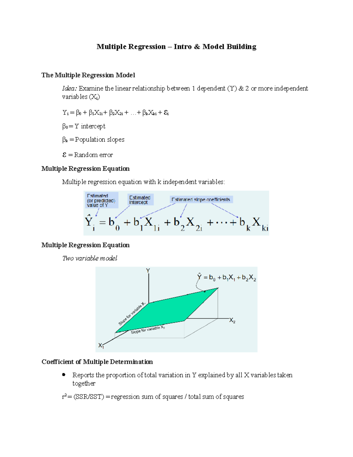 Multiple Regression - Intro & Model Building - Studocu