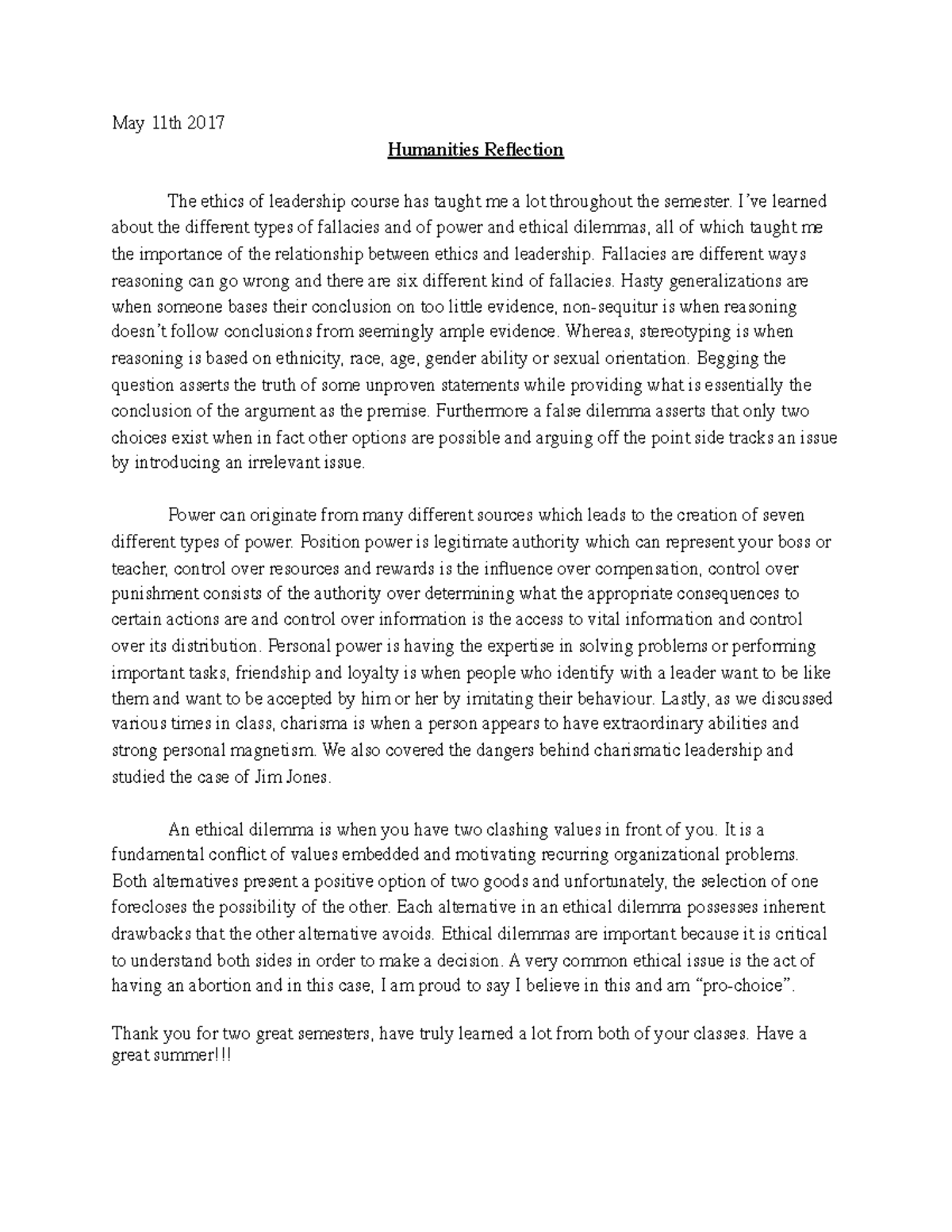 Ethics class reflection - May 11th 2017 Humanities Reflection The ...