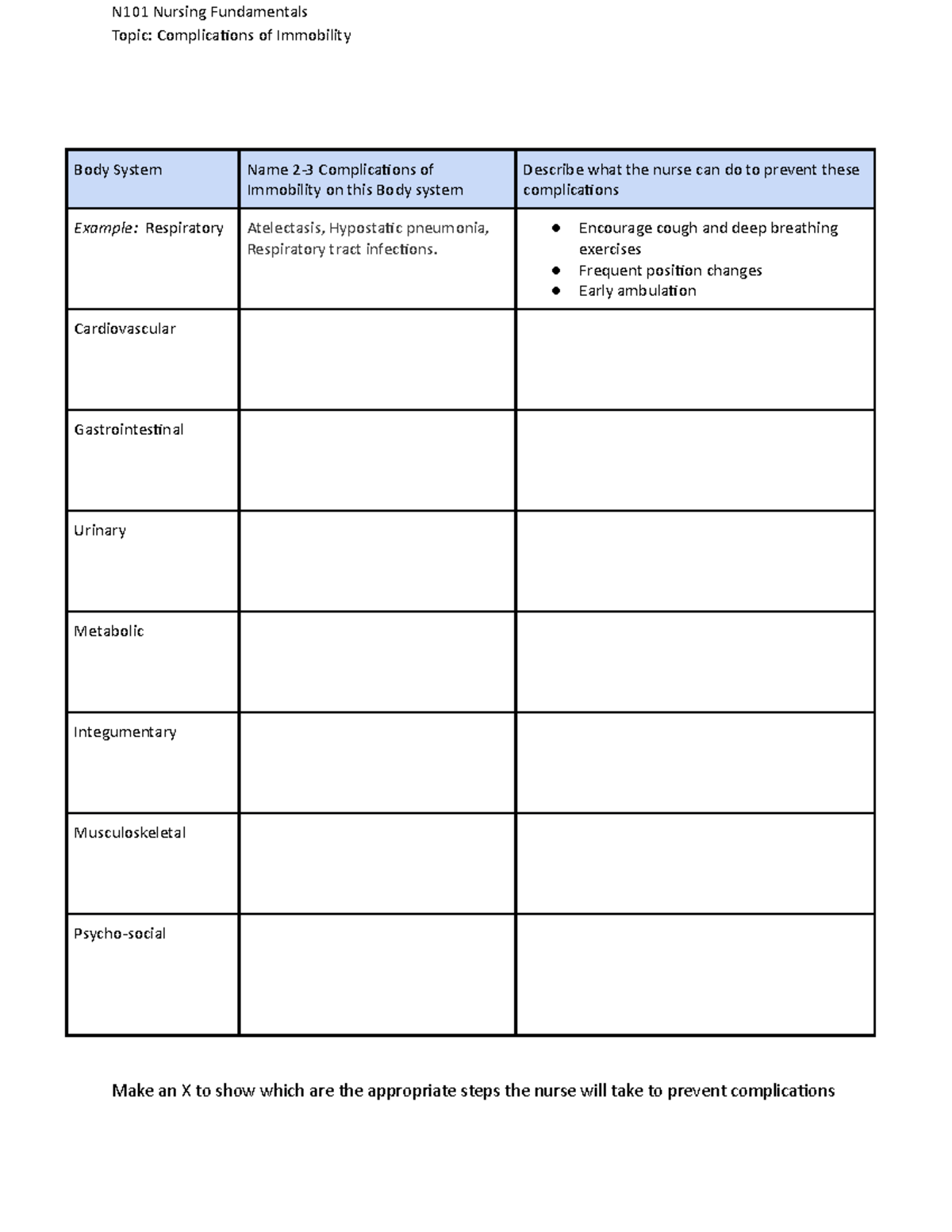 Immobility Worksheet 10 12 - N101 Nursing FundamentalsTopic ...