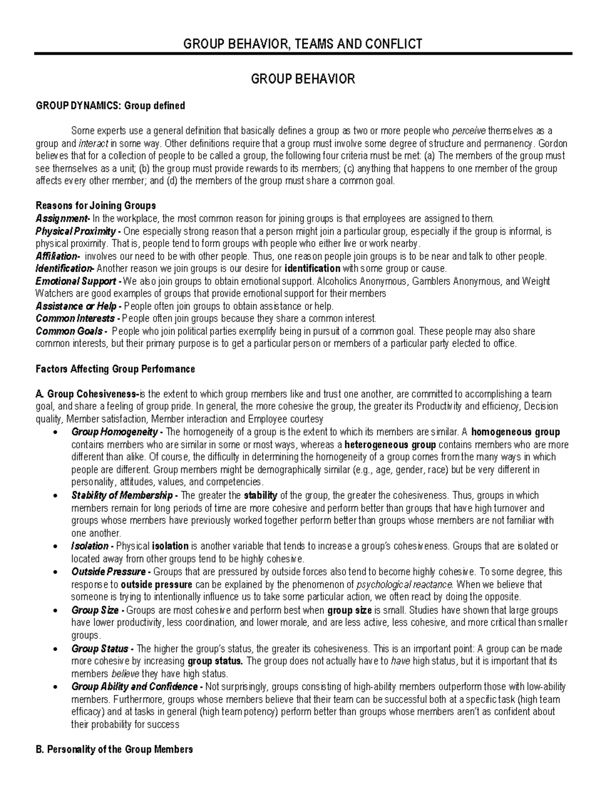 HO7 Teams and Group Conflict - GROUP BEHAVIOR, TEAMS AND CONFLICT GROUP ...