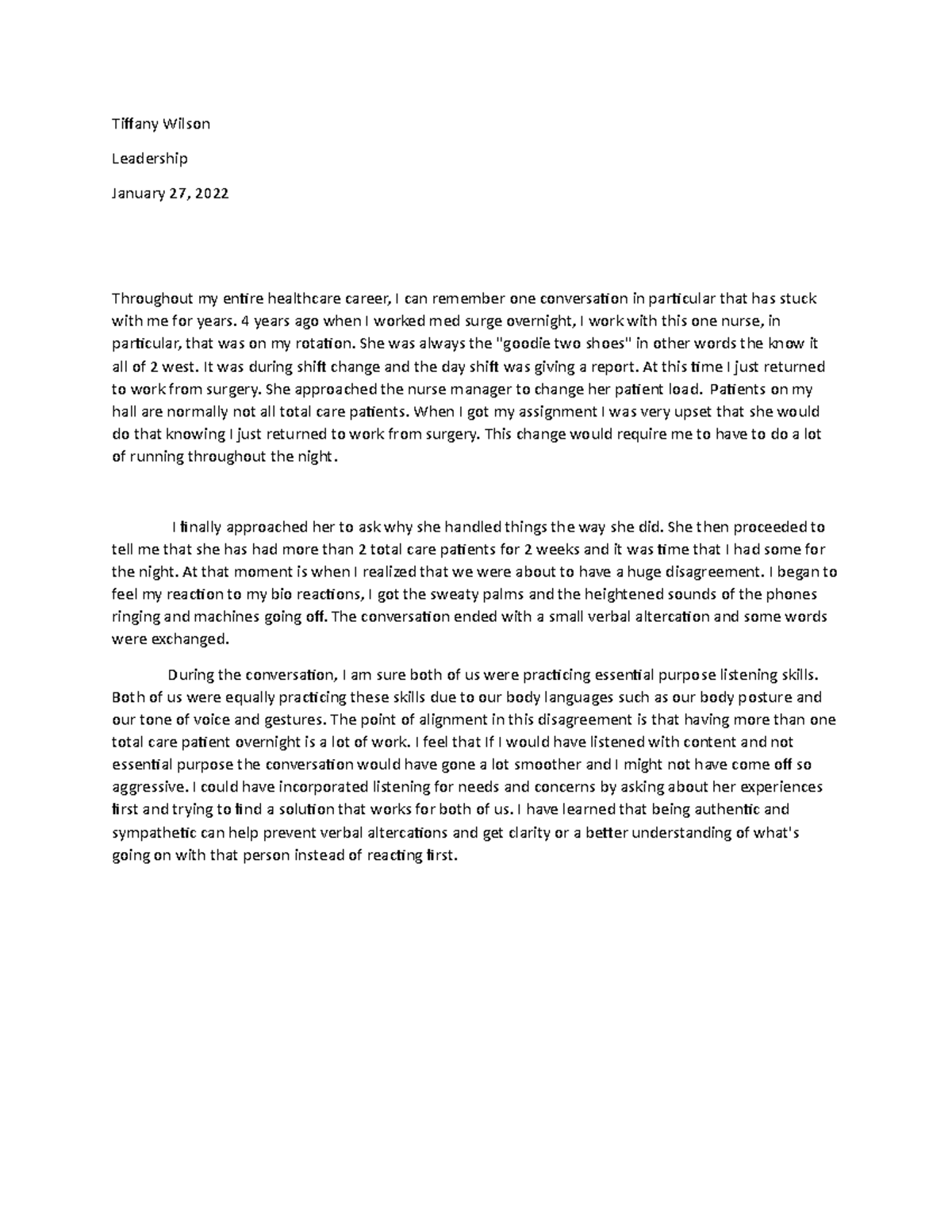 Bioreactions - Essay - Tiffany Wilson Leadership January 27, 2022 