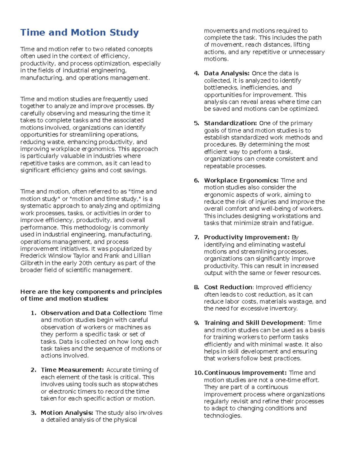 Time and Motion Study TQM Time and Motion Study Time and motion
