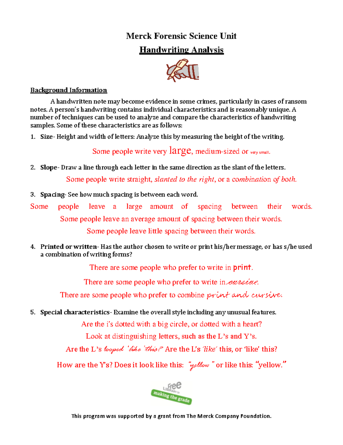 Handwriting analysis characteristics i Merck Forensic Science Unit
