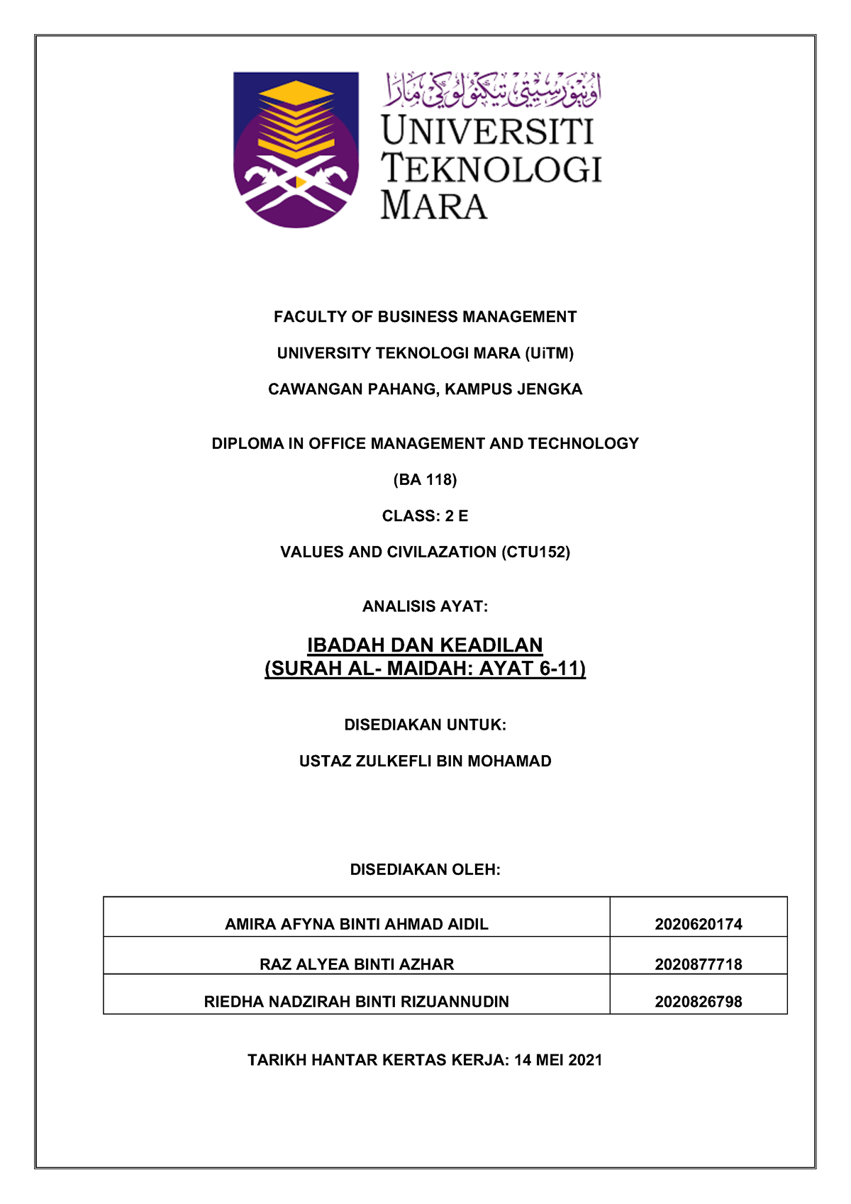 Analisis AYAT CTU152 - FACULTY OF BUSINESS MANAGEMENT UNIVERSITY ...