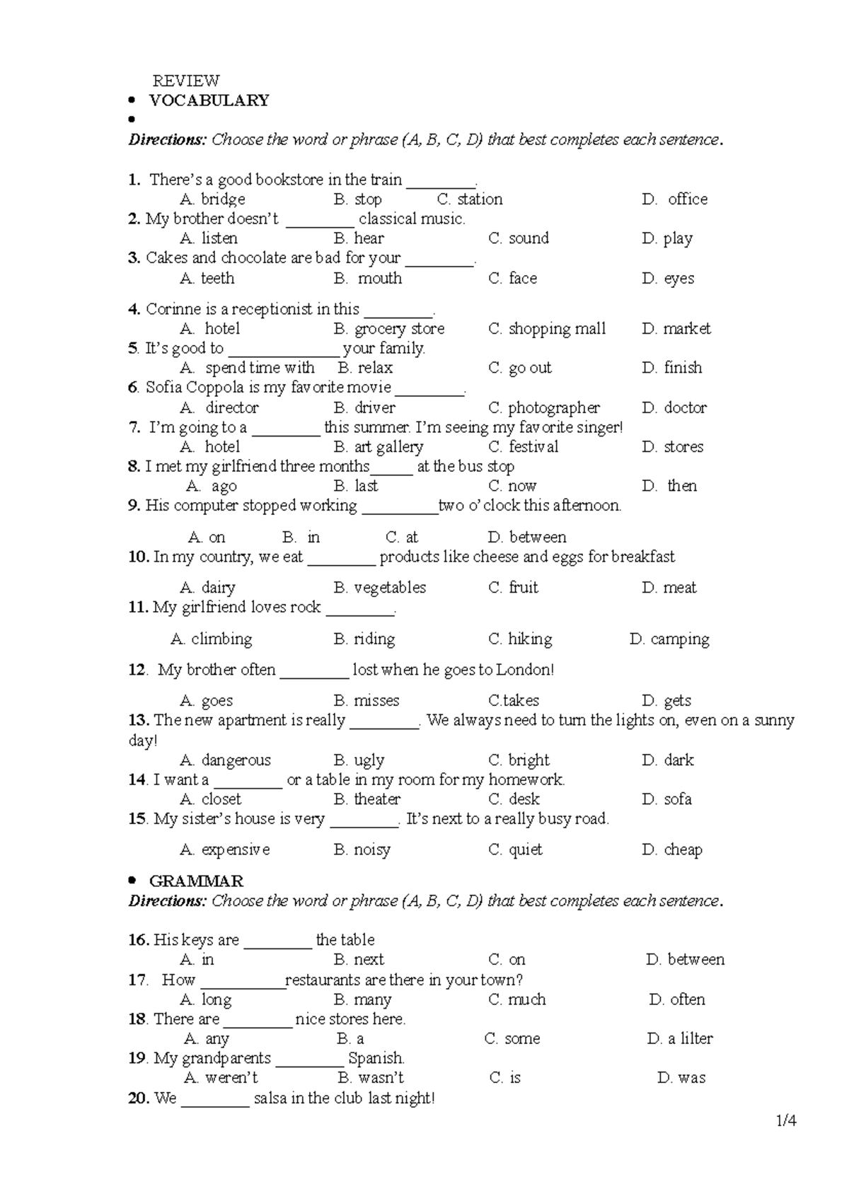 On thi AVCD 2 key - anh văn cấp độ 2 - REVIEW VOCABULARY Directions ...