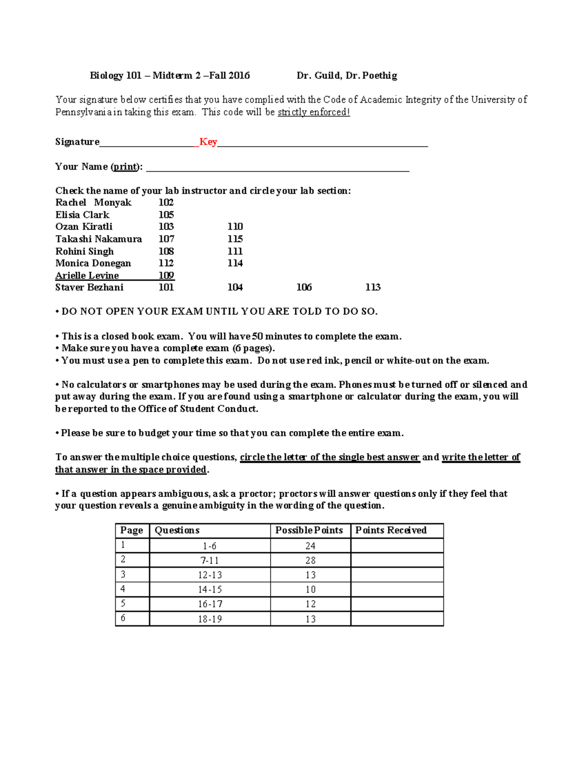 Key 2nd Midterm F2016 Biology 101 Midterm 2 Fall 2016 Dr Guild