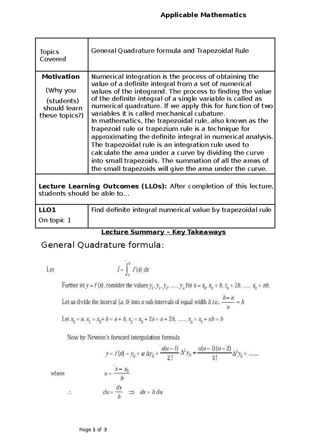 General Quadrature formula and Trapezoidal Rule - Applicable ...