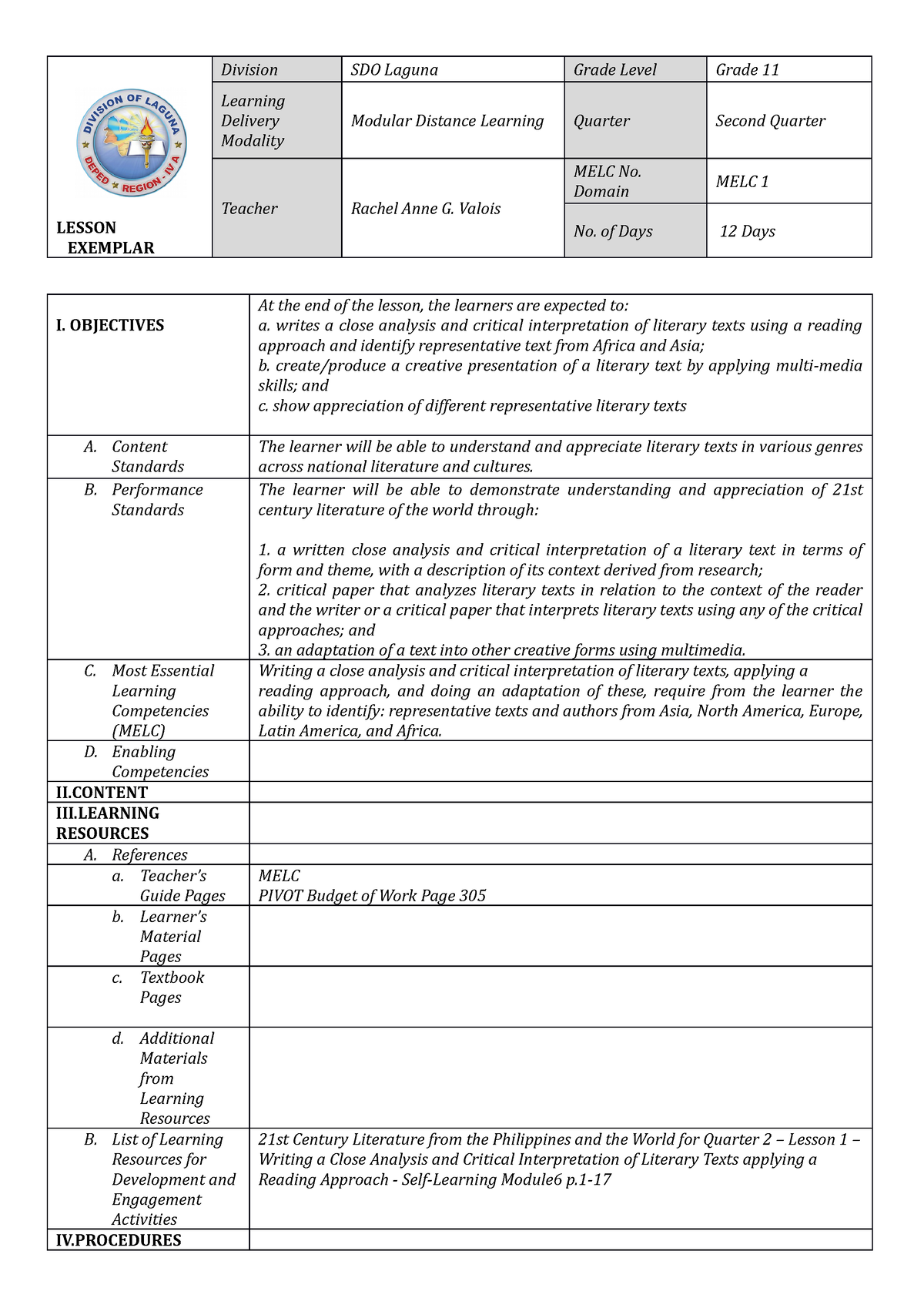 CLP-MELC 1- Quarter 2 - LESSON EXEMPLAR Division SDO Laguna Grade Level ...