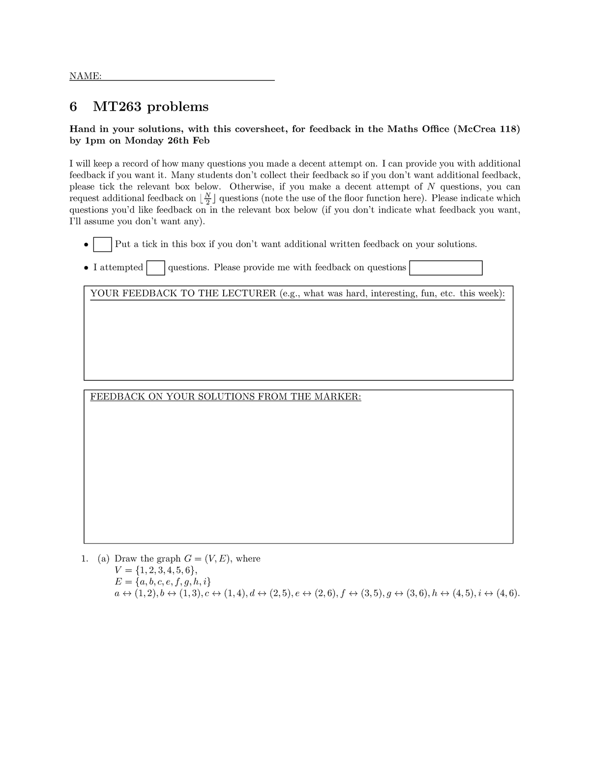 Mt2630 Sheet 6 Solution Name 6 Mt263 Problems Hand In Your Solutions With This Coversheet For Studocu