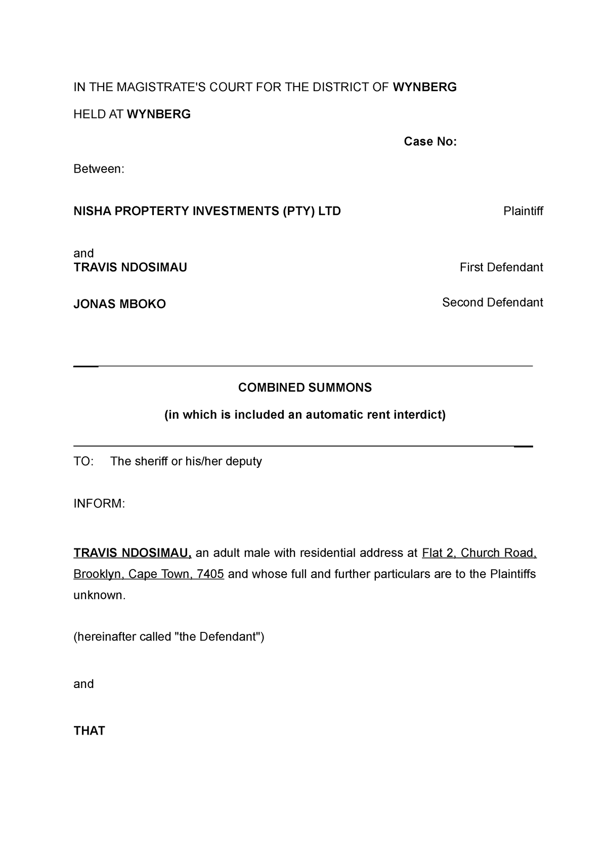 Combined Summons IN THE MAGISTRATE S COURT FOR THE DISTRICT OF   Thumb 1200 1698 