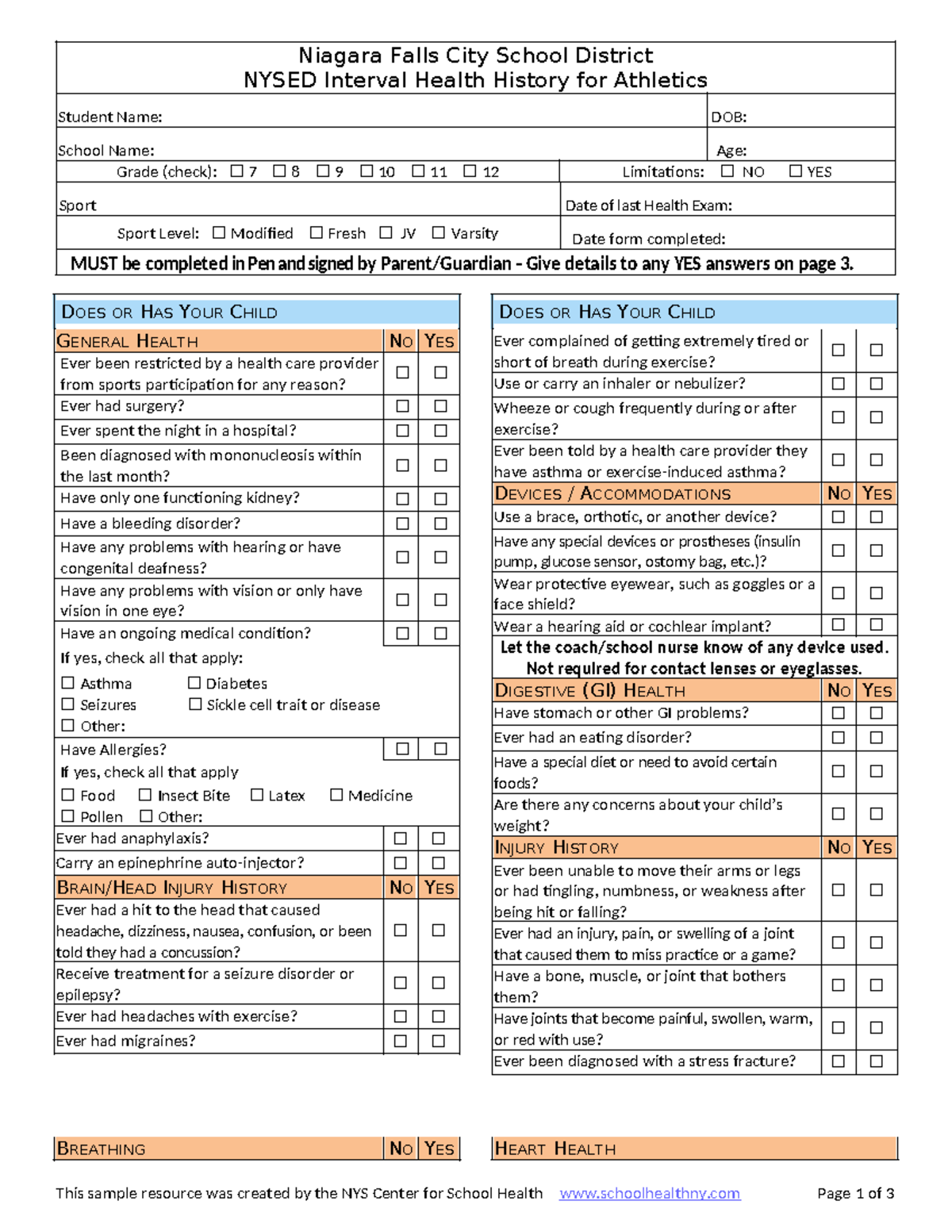 0622 Sports Health Interval Form Niagara Falls City School District NYSED Interval Health