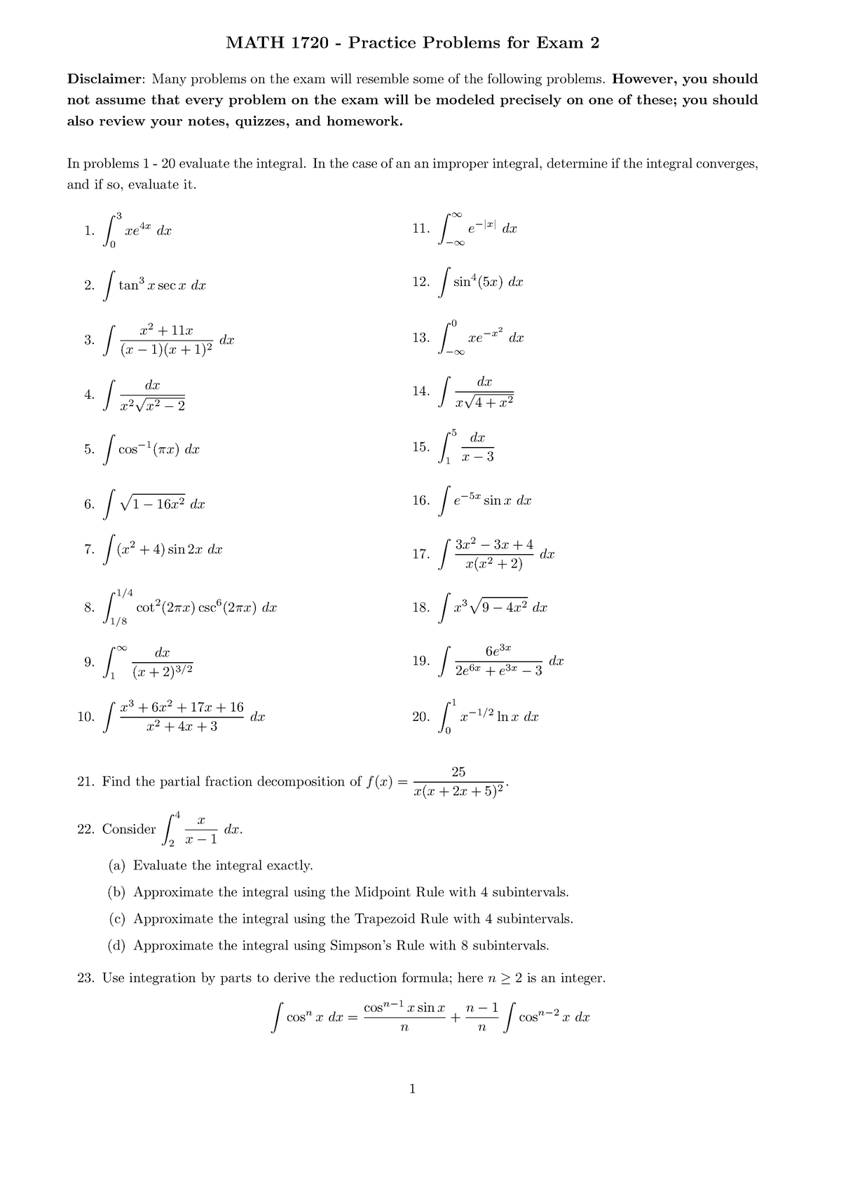 1720 review 2 - MATH 1720 - Practice Problems for Exam 2 Disclaimer ...