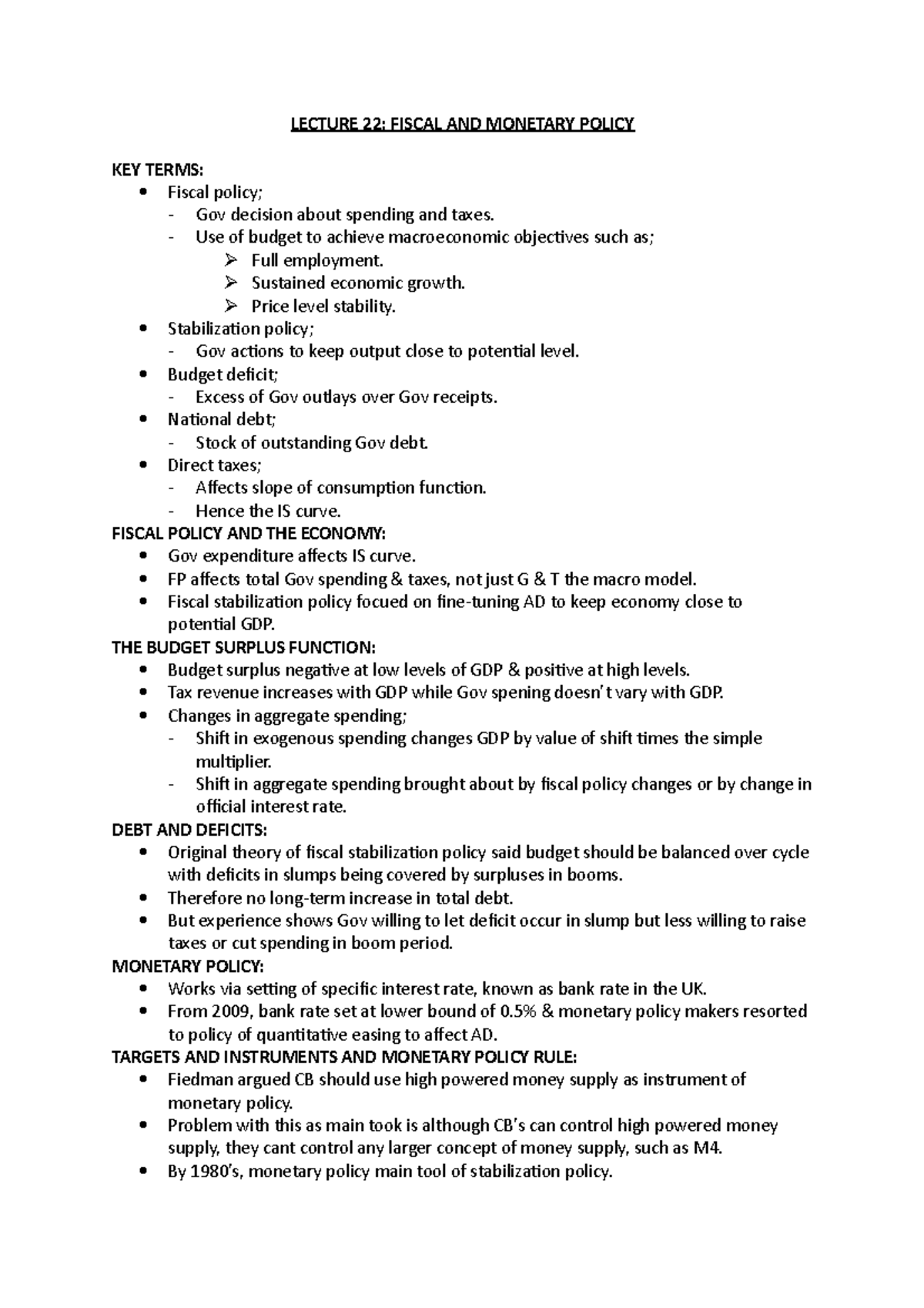 Lecture 22- Fiscal And Monetary Policy - LECTURE 22: FISCAL AND ...